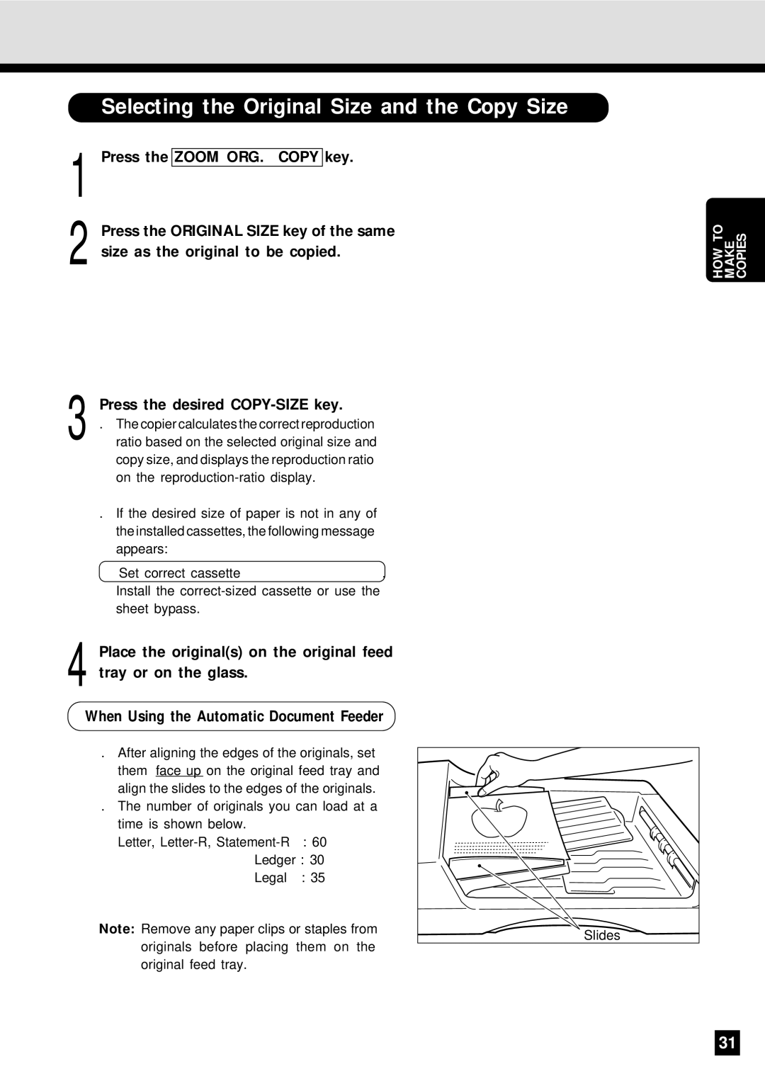 Sharp AR-650 operation manual Selecting the Original Size and the Copy Size 