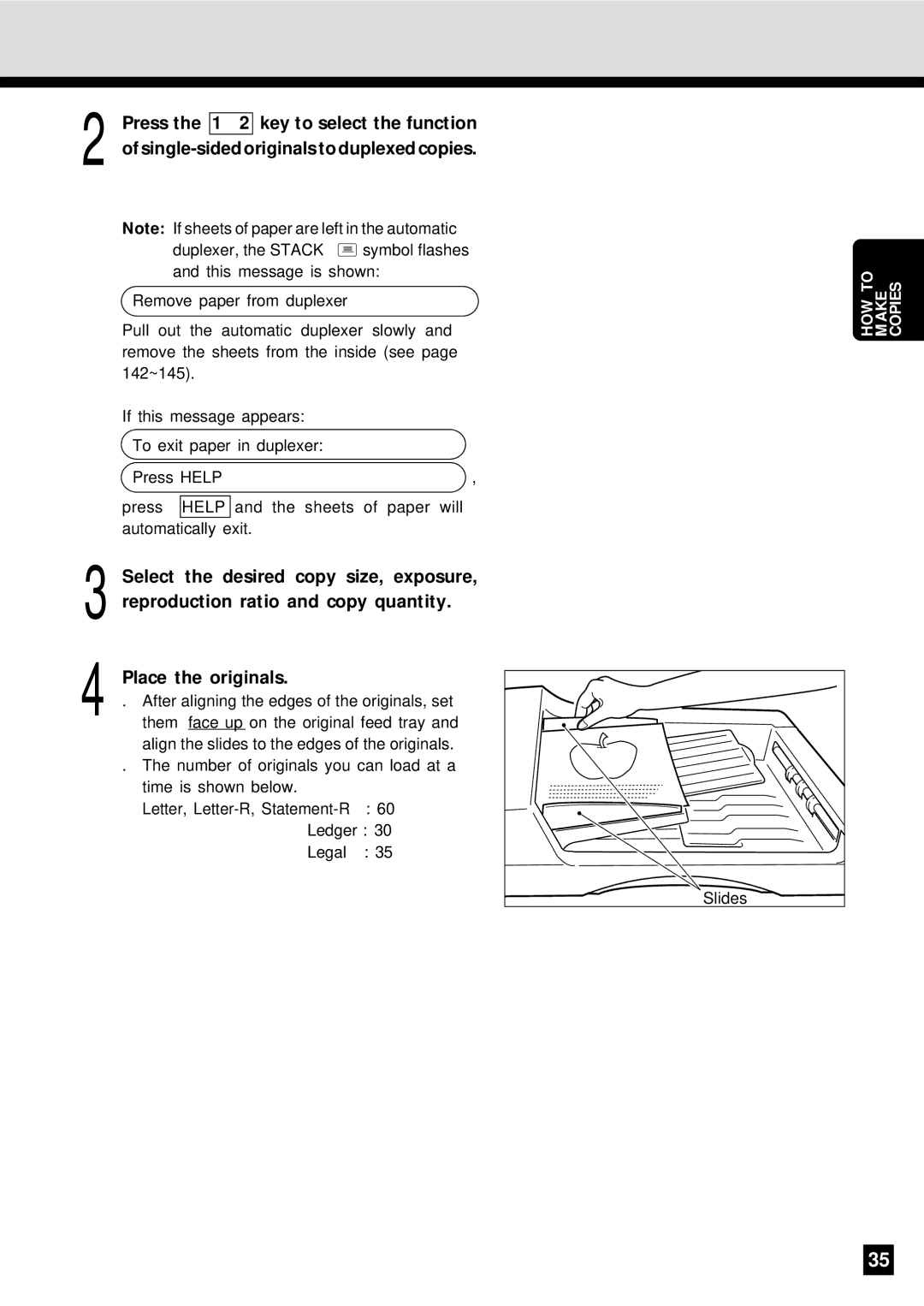 Sharp AR-650 operation manual Press the 1→ 2 key to select the function, Single-sided originals to duplexed copies 