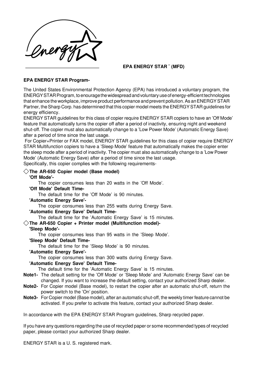 Sharp EPA Energy Star Program, AR-650 Copier model Base model Off Mode, Off Mode Default Time, Automatic Energy Save 