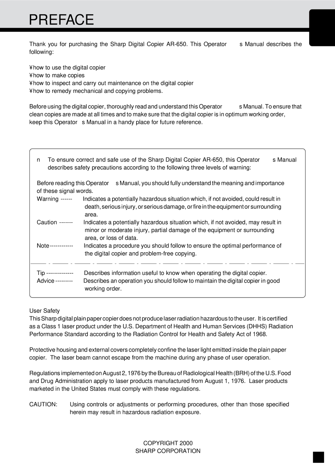 Sharp AR-650 operation manual Preface, User Safety 