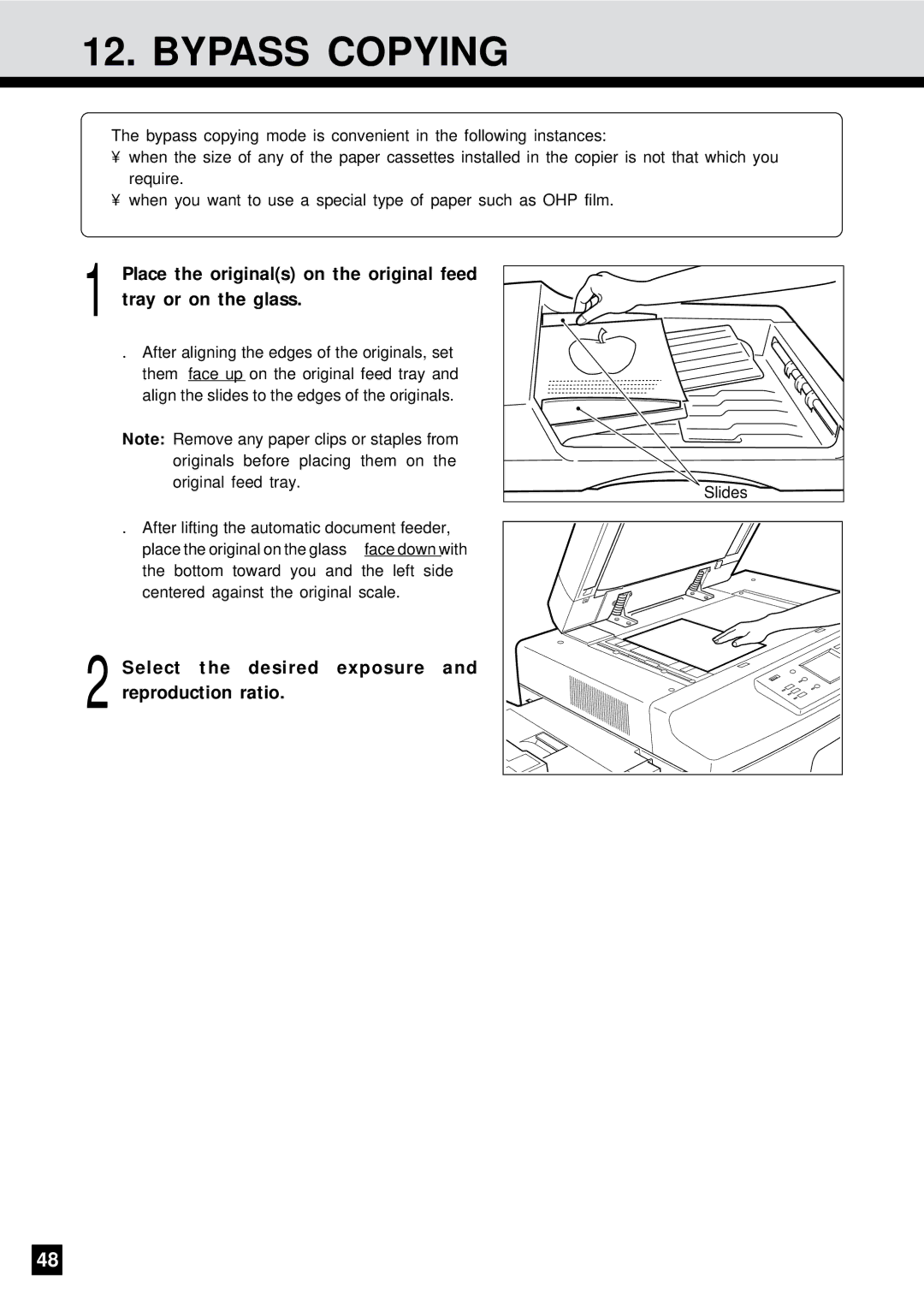 Sharp AR-650 operation manual Bypass Copying, Select the desired exposure and reproduction ratio 