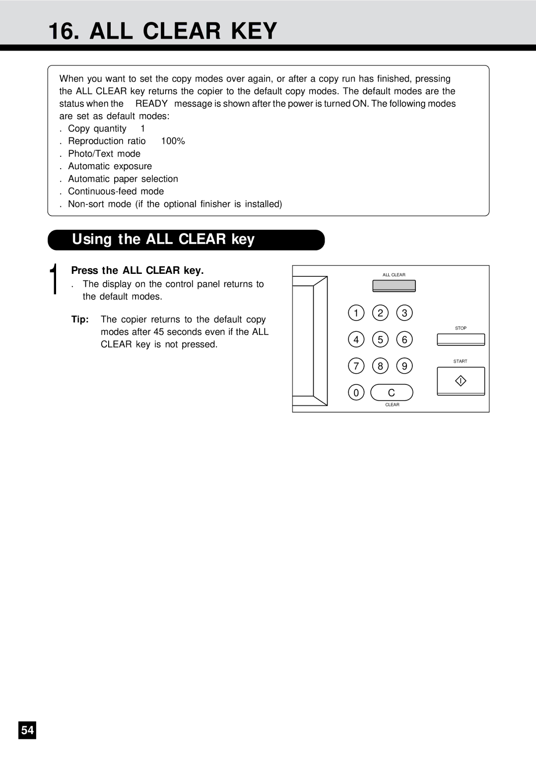 Sharp AR-650 operation manual ALL Clear KEY, Using the ALL Clear key, Press the ALL Clear key 