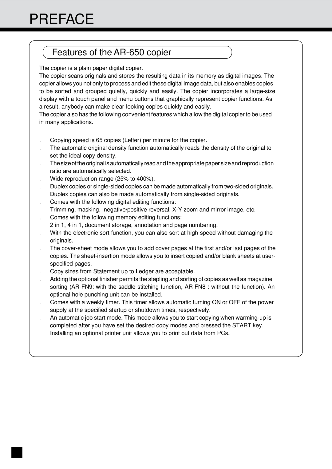 Sharp operation manual Features of the AR-650 copier 