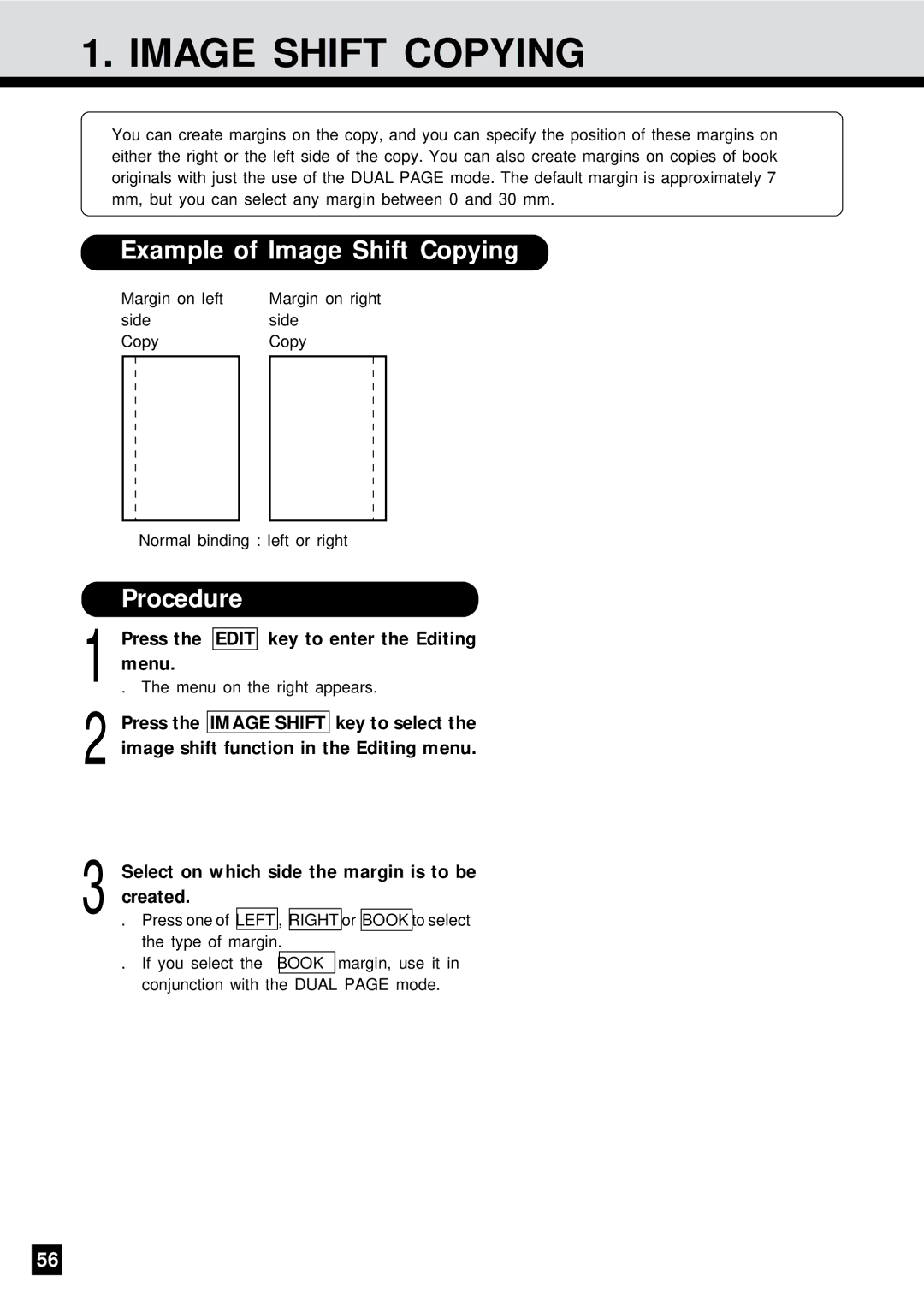 Sharp AR-650 operation manual Example of Image Shift Copying, Press the Edit key to enter the Editing menu 