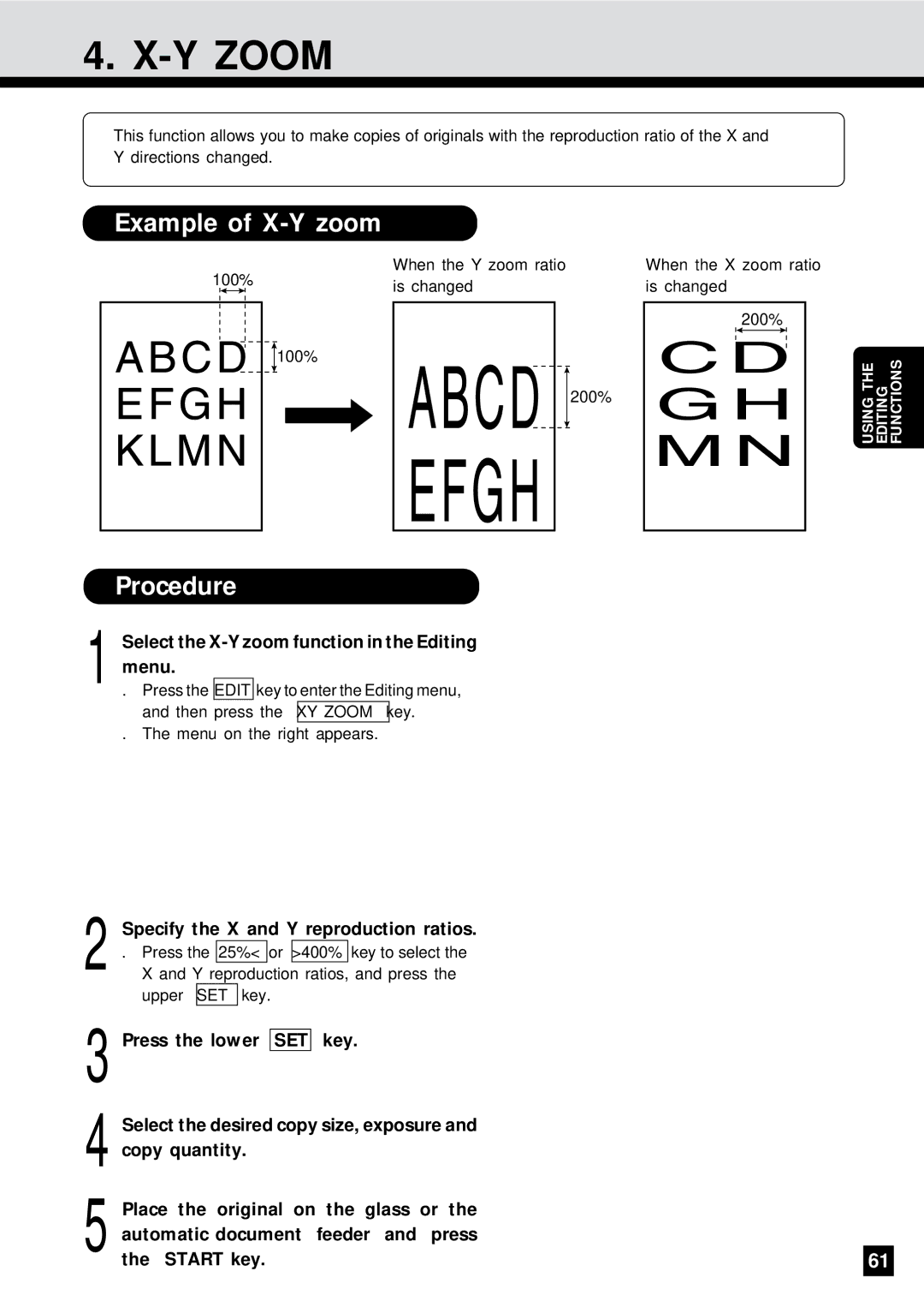 Sharp AR-650 operation manual Y Zoom, Example of X-Y zoom, Select the X-Y zoom function in the Editing menu 