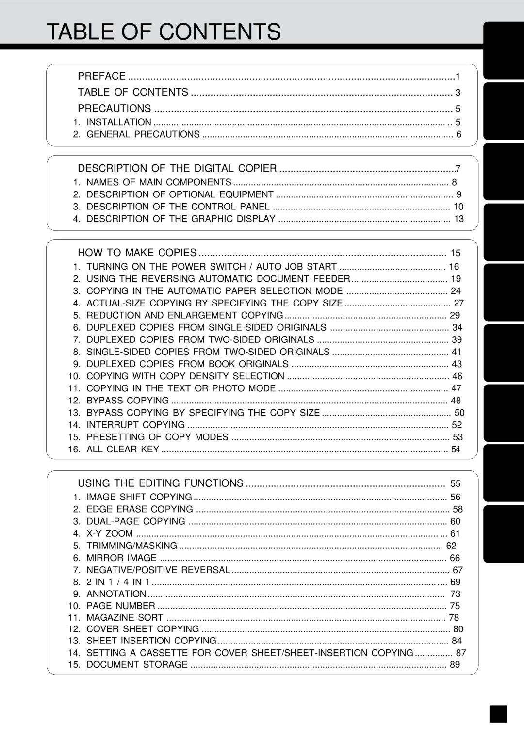 Sharp AR-650 operation manual Table of Contents 