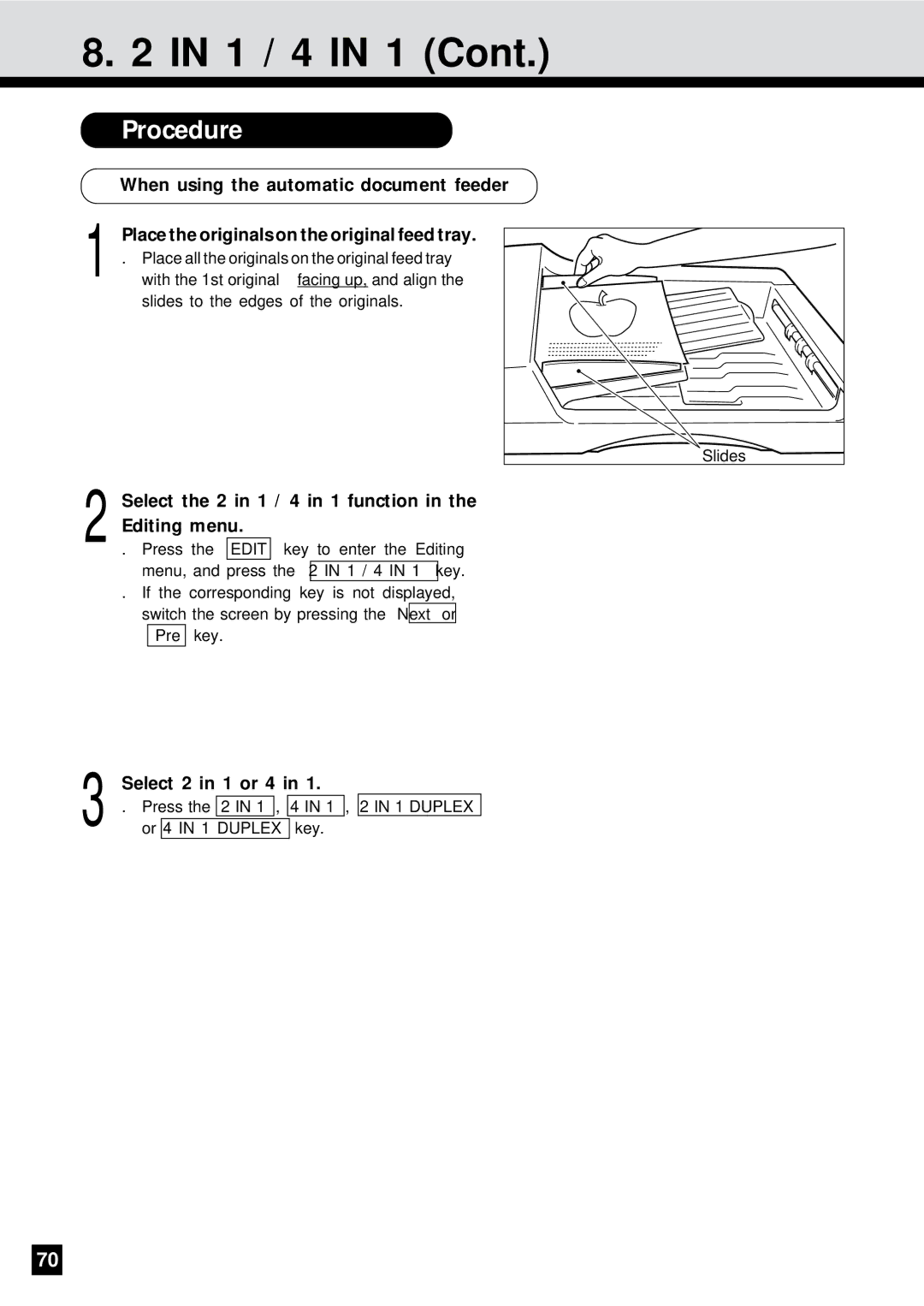 Sharp AR-650 operation manual Select the 2 in 1 / 4 in 1 function in the Editing menu, Select 2 in 1 or 4 