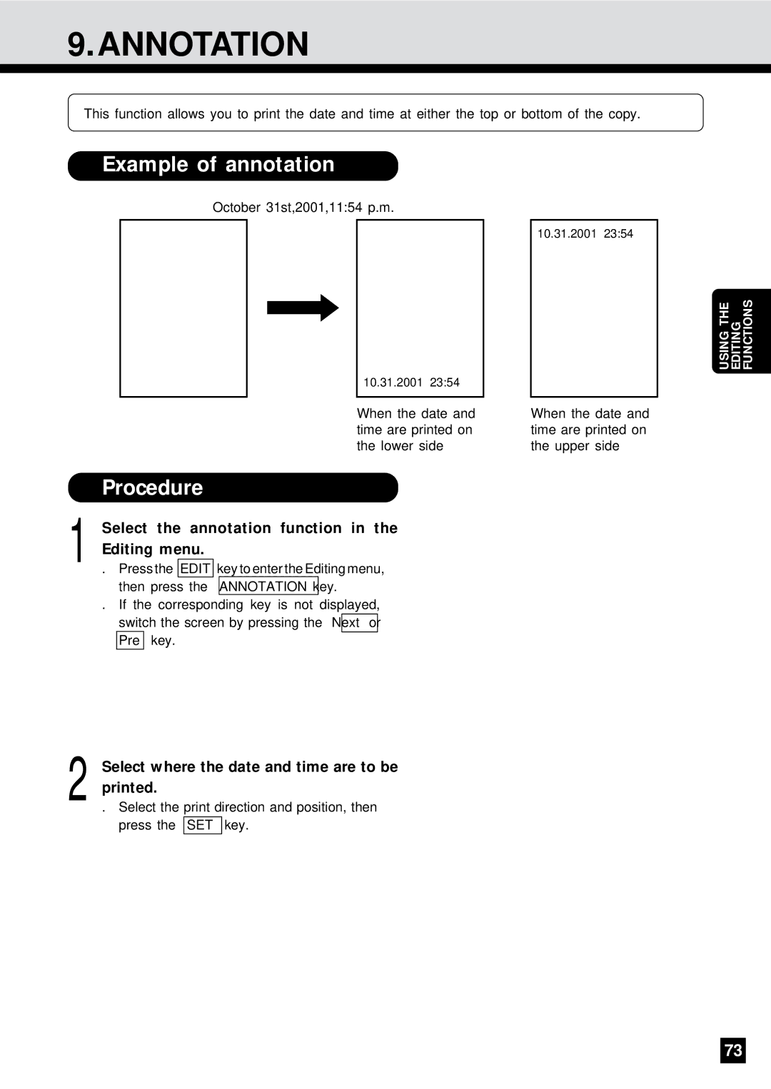 Sharp AR-650 operation manual Annotation, Example of annotation, Select the annotation function in the Editing menu 