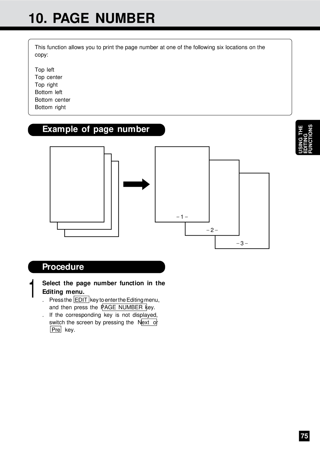 Sharp AR-650 operation manual Number, Example of page number Procedure, Select the page number function in the Editing menu 