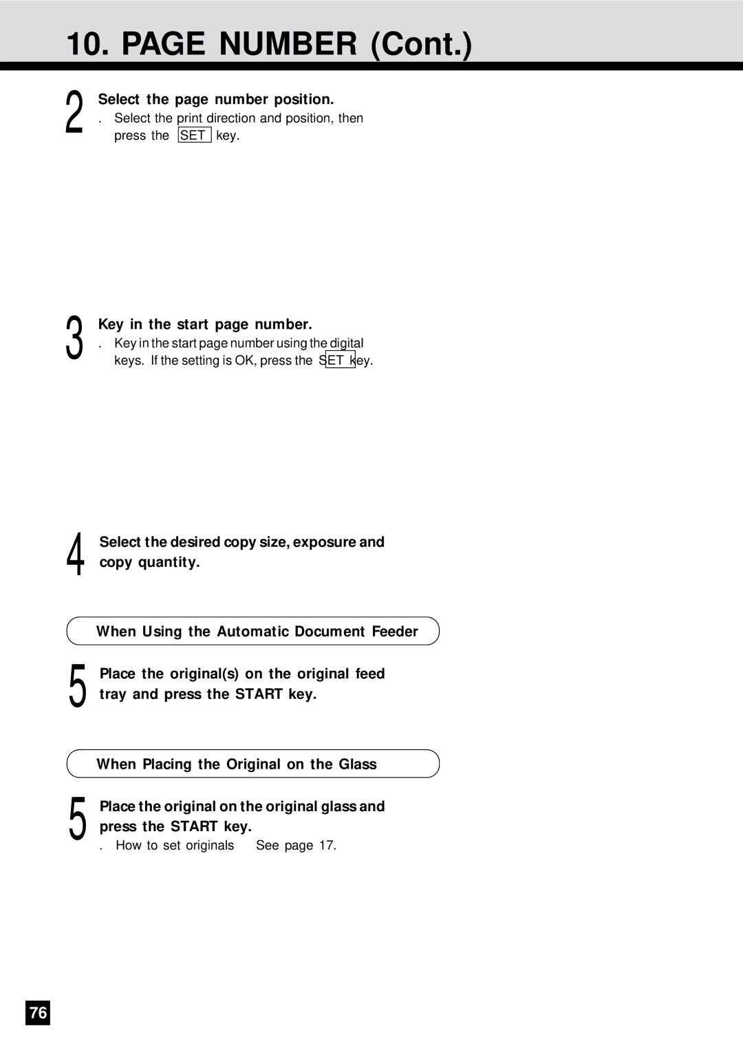 Sharp AR-650 operation manual Number, Select the page number position, Key in the start page number 