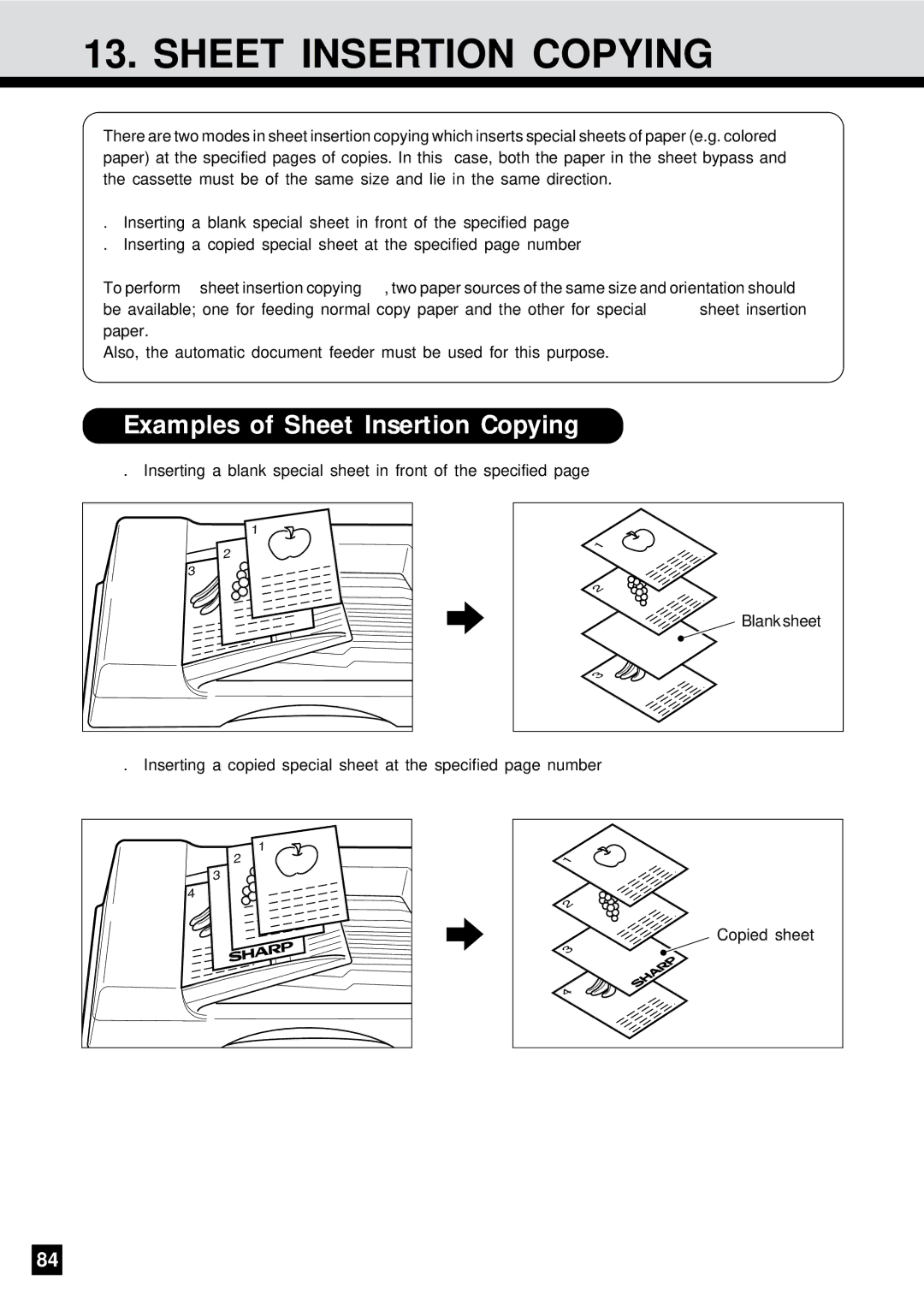 Sharp AR-650 operation manual Examples of Sheet Insertion Copying 