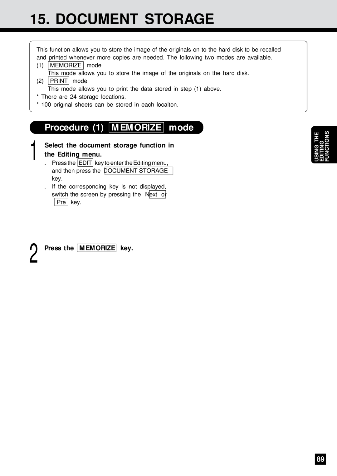 Sharp AR-650 operation manual Document Storage, Procedure 1 Memorize Mode, Select the document storage function 