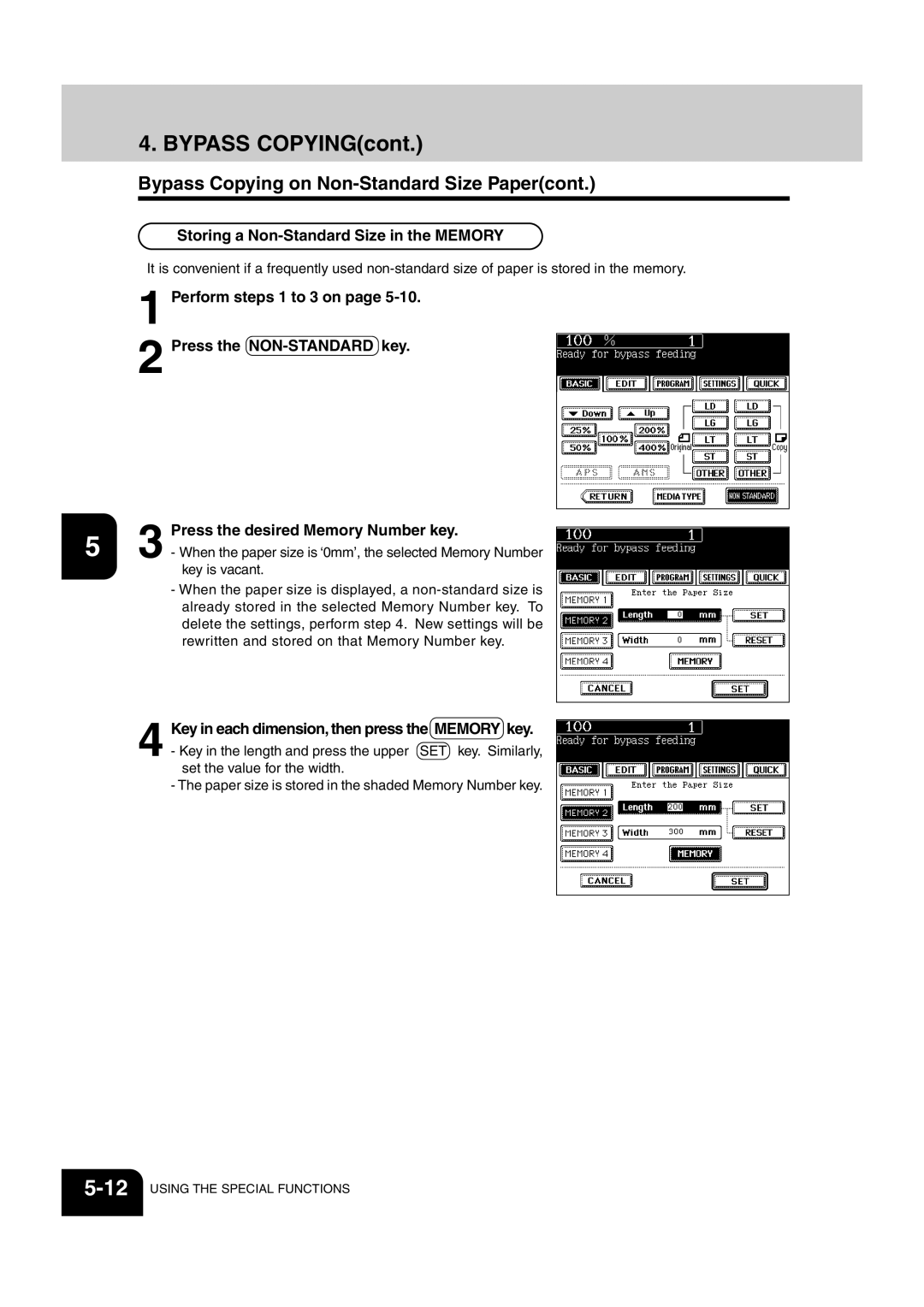 Sharp AR-651, AR-810 Bypass Copying on Non-Standard Size Papercont, Storing a Non-Standard Size in the Memory 