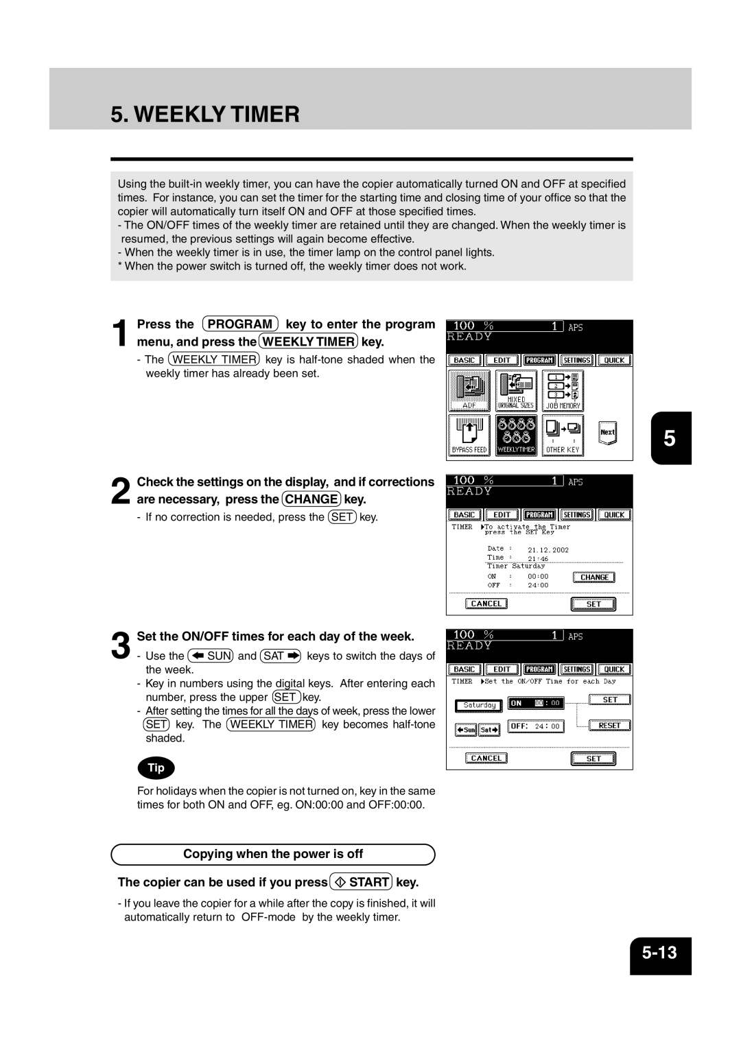 Sharp AR-810, AR-651 operation manual Weekly Timer, Set the ON/OFF times for each day of the week 