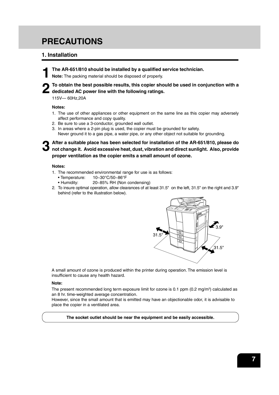 Sharp AR-810, AR-651 operation manual Precautions, Installation 