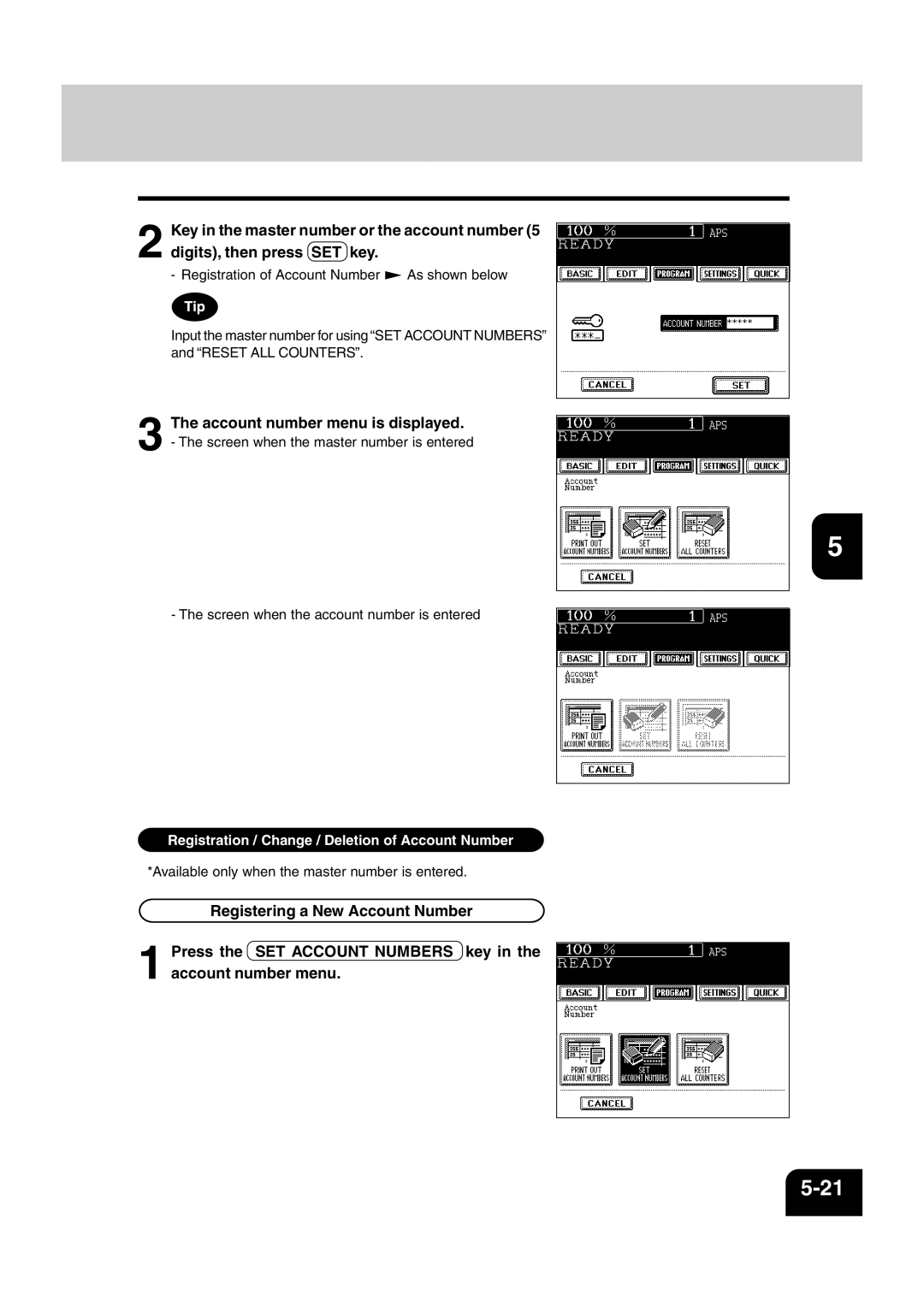 Sharp AR-810, AR-651 operation manual Registration / Change / Deletion of Account Number 