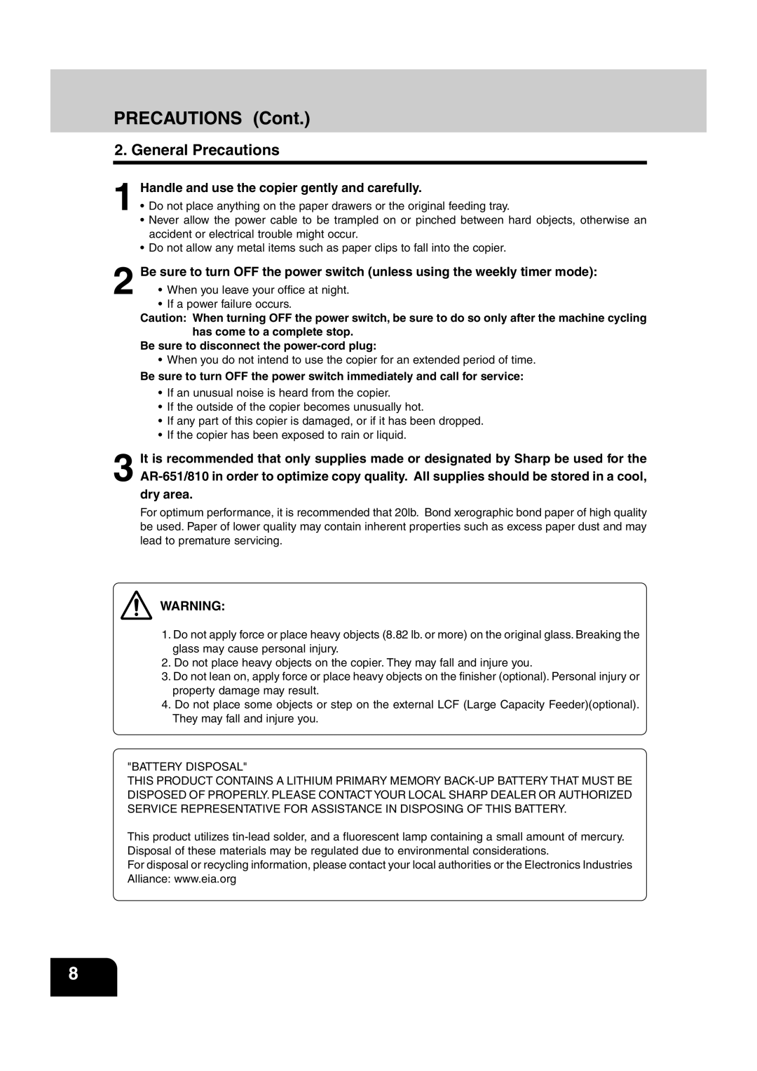 Sharp AR-651, AR-810 operation manual General Precautions, Handle and use the copier gently and carefully 