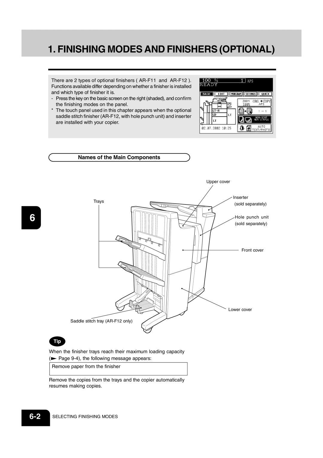 Sharp AR-651, AR-810 operation manual Finishing Modes and Finishers Optional, Names of the Main Components 