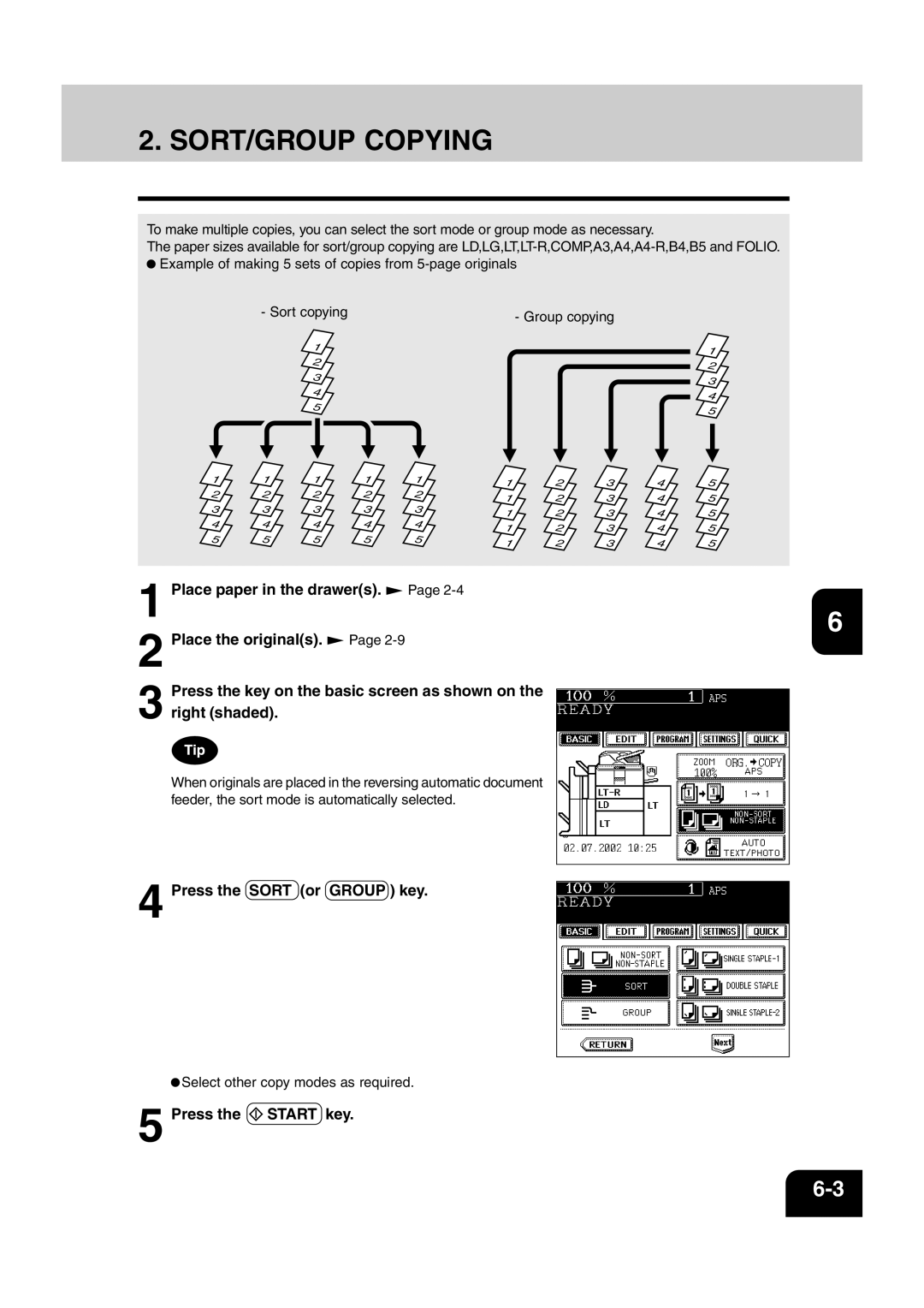 Sharp AR-810, AR-651 operation manual SORT/GROUP Copying, Press the Sort or Group key 