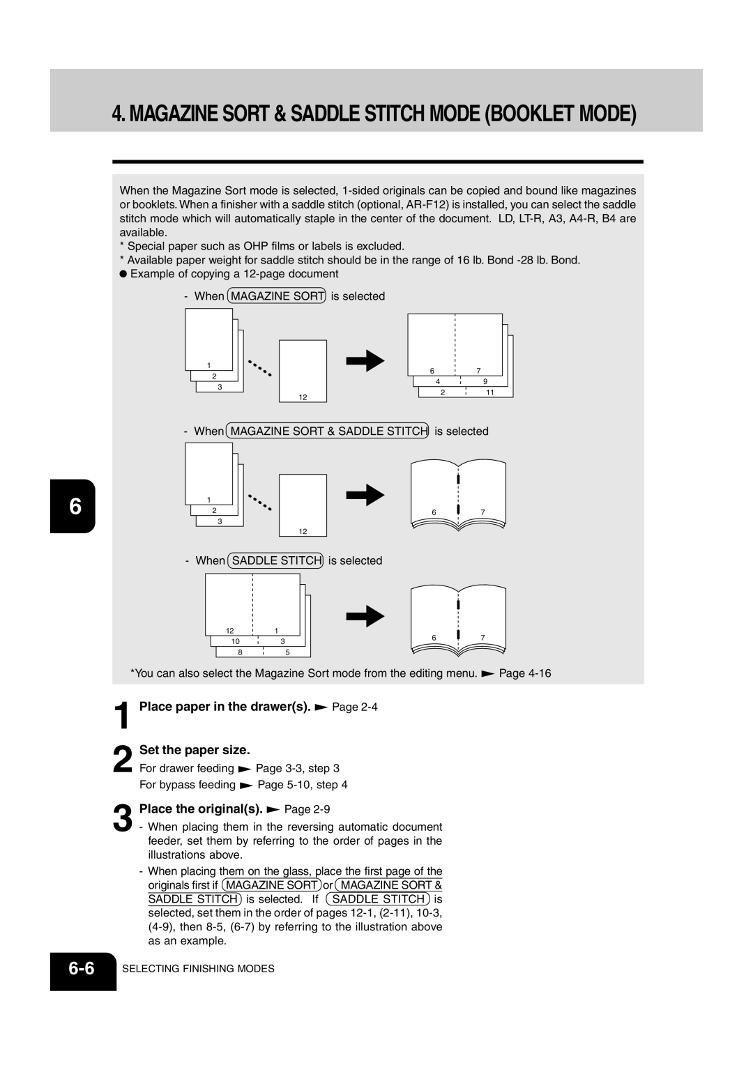 Sharp AR-651, AR-810 Magazine Sort & Saddle Stitch Mode Booklet Mode, Place paper in the drawers. Set the paper size 