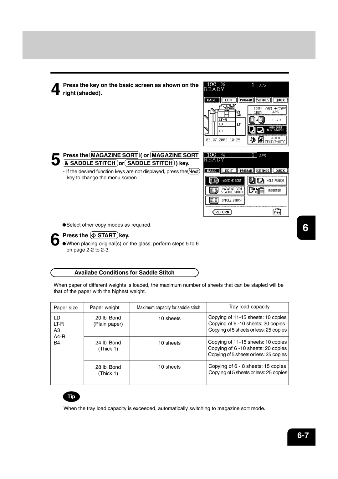 Sharp AR-810, AR-651 operation manual Press Start key, Availabe Conditions for Saddle Stitch 