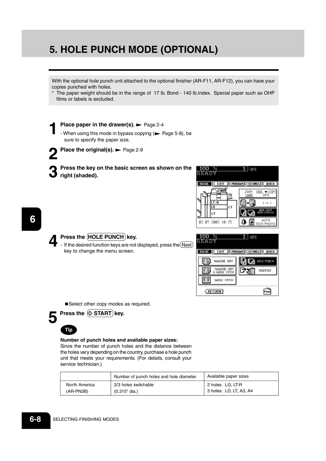 Sharp AR-651, AR-810 operation manual Hole Punch Mode Optional, Number of punch holes and available paper sizes 