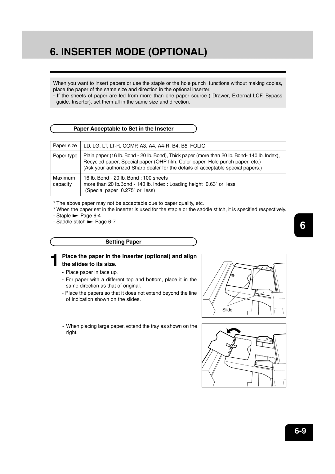 Sharp AR-810, AR-651 operation manual Inserter Mode Optional, Paper Acceptable to Set in the Inseter 