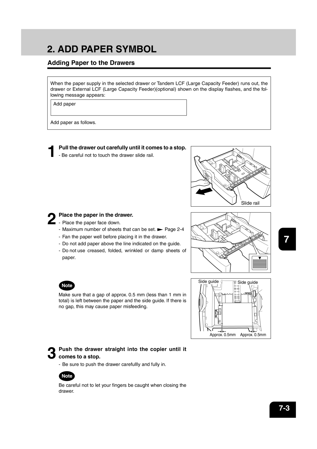 Sharp AR-810, AR-651 operation manual ADD Paper Symbol, Adding Paper to the Drawers, Place the paper in the drawer 