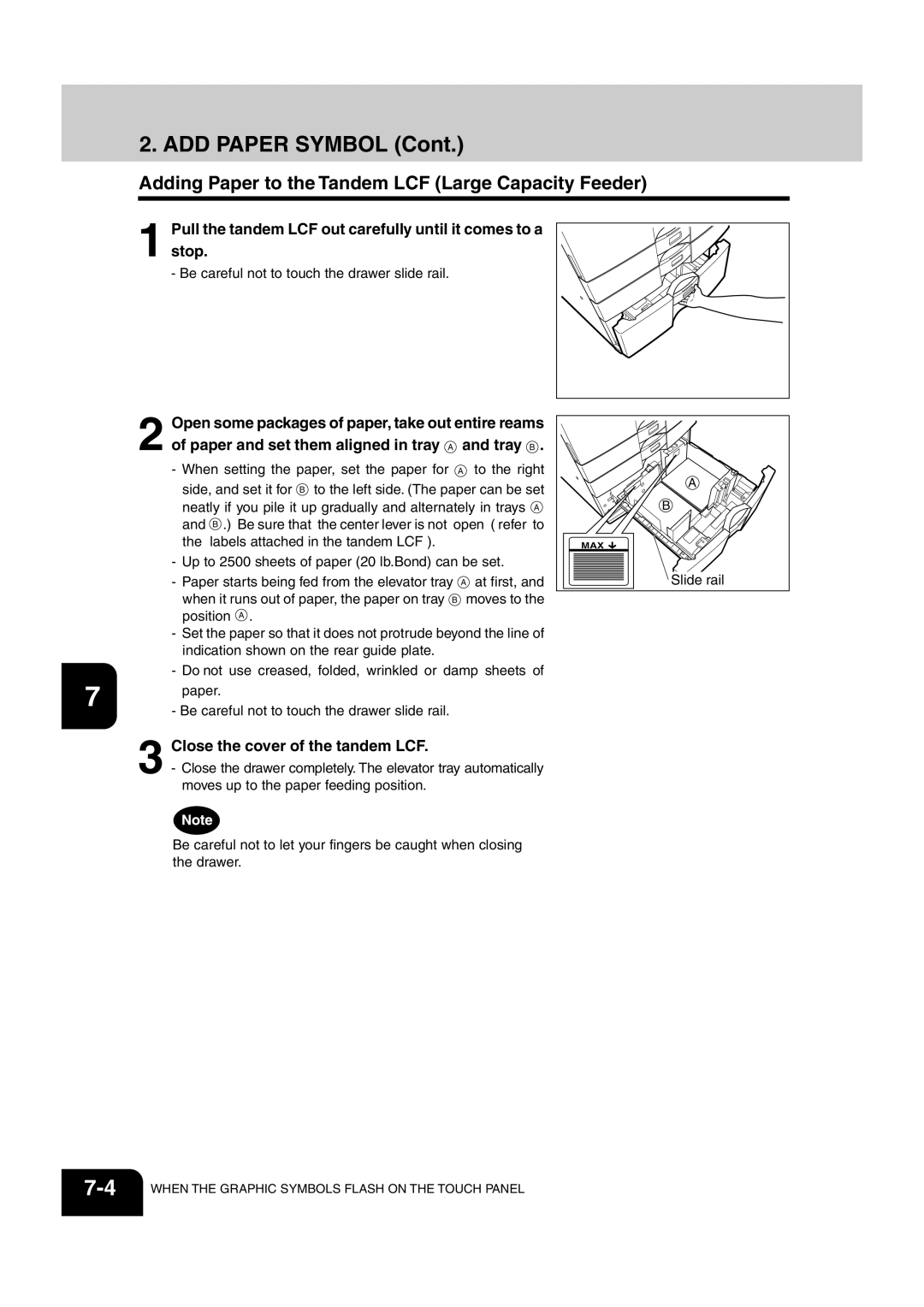 Sharp AR-651, AR-810 operation manual ADD Paper Symbol, Adding Paper to the Tandem LCF Large Capacity Feeder, Tray B 