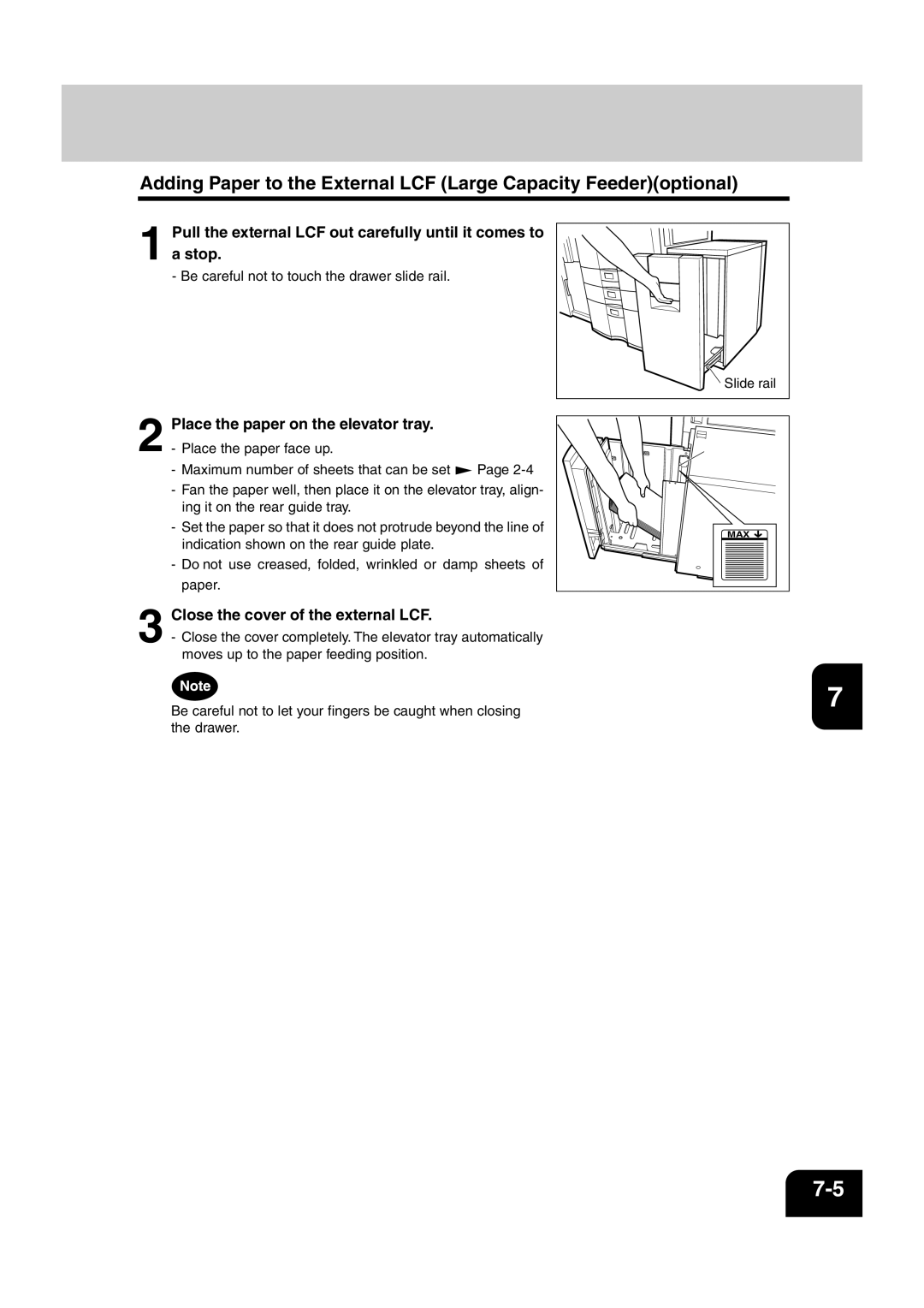 Sharp AR-810, AR-651 operation manual Place the paper on the elevator tray, Close the cover of the external LCF 