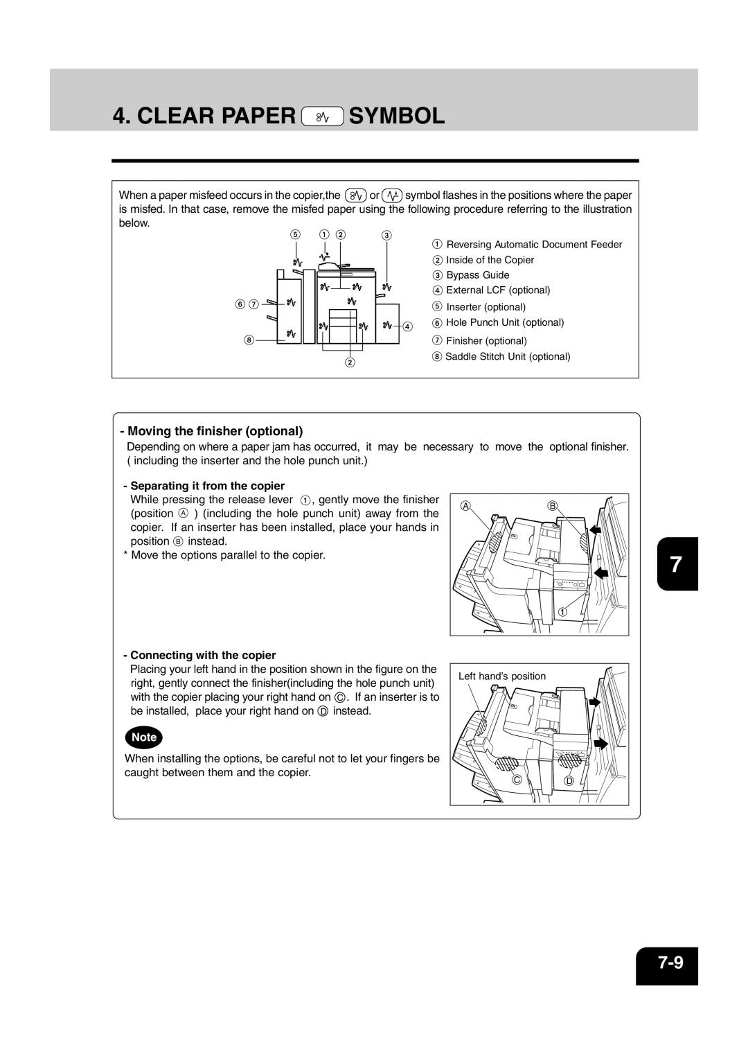 Sharp AR-810 Clear Paper Symbol, Moving the finisher optional, Separating it from the copier, Connecting with the copier 