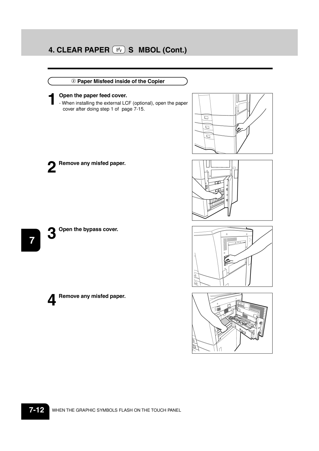 Sharp AR-651 Paper Misfeed inside of the Copier Open the paper feed cover, Remove any misfed paper Open the bypass cover 