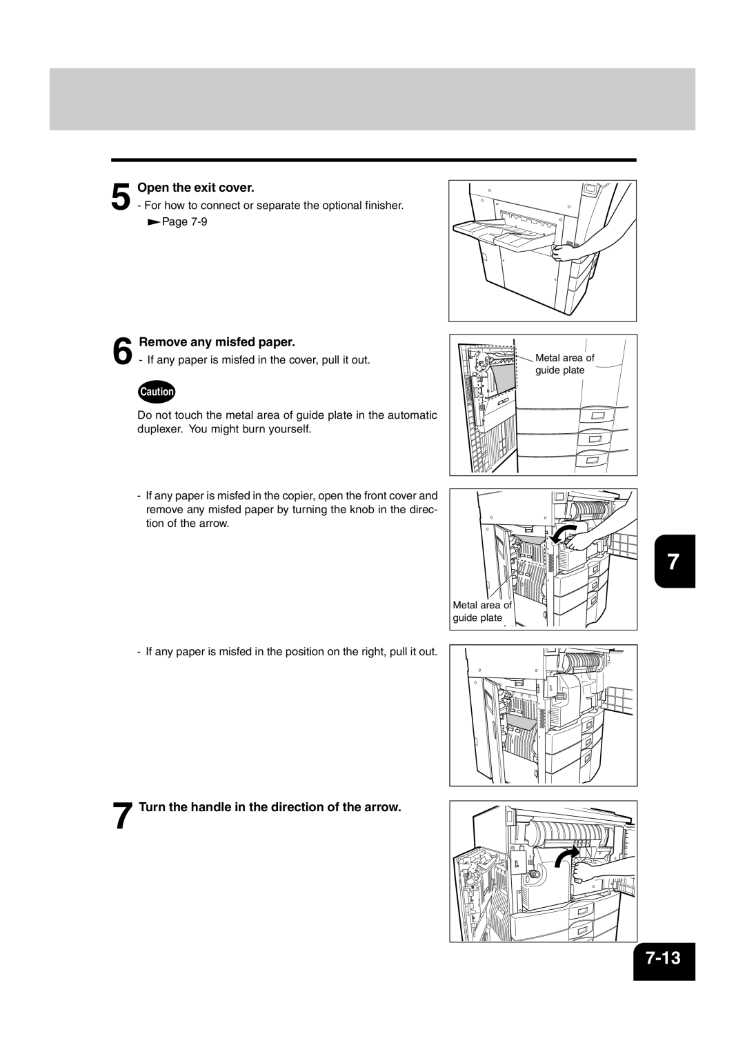 Sharp AR-810, AR-651 Open the exit cover, Remove any misfed paper, Turn the handle in the direction of the arrow 