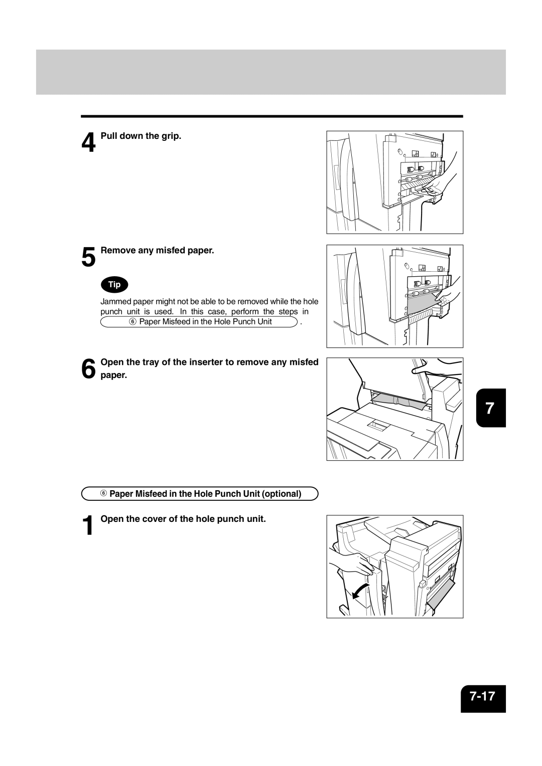 Sharp AR-810, AR-651 operation manual Pull down the grip Remove any misfed paper 