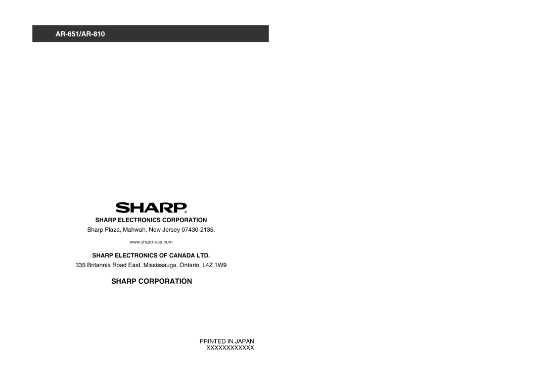 Sharp AR-651, AR-810 operation manual Sharp Corporation 