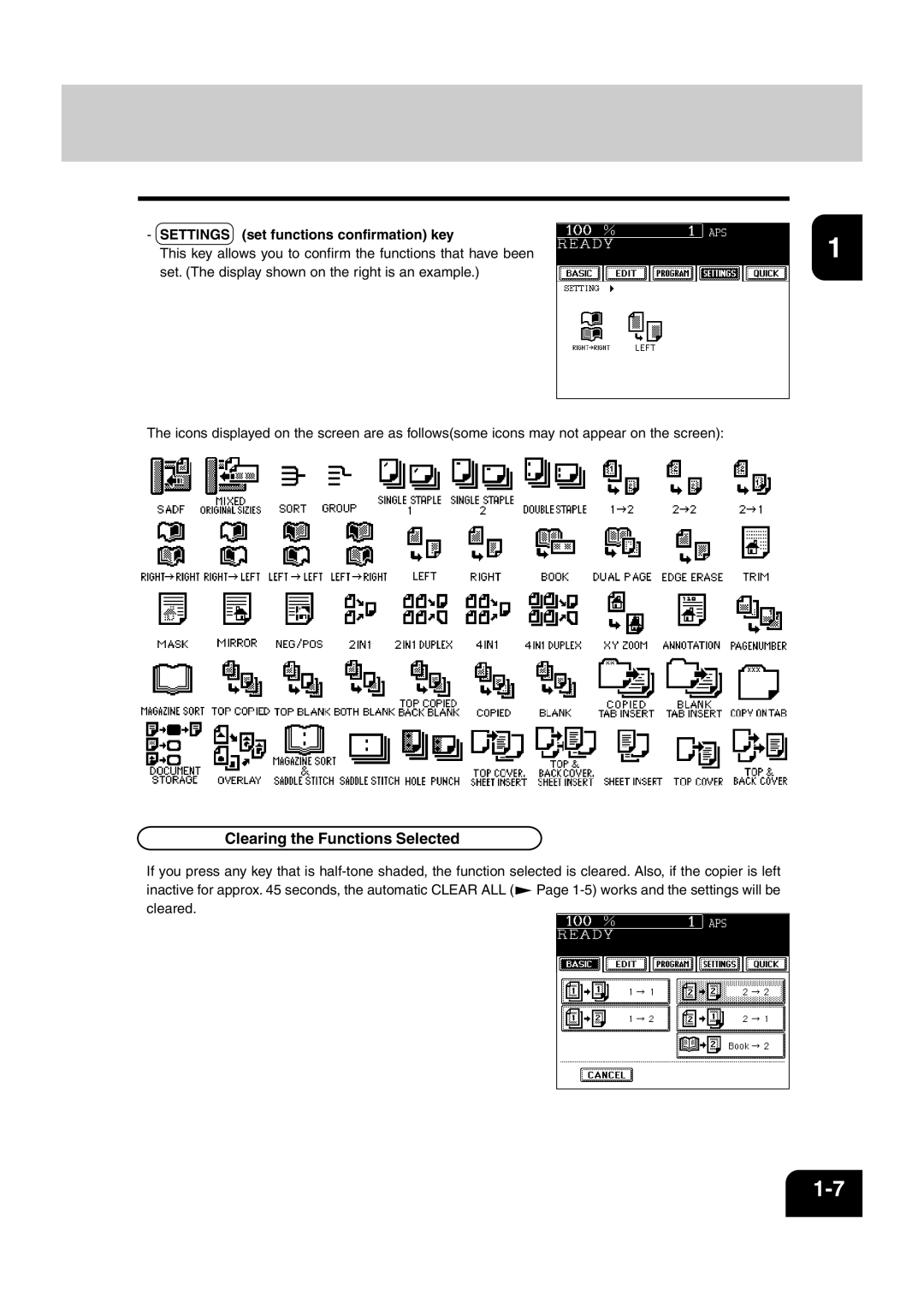 Sharp AR-810, AR-651 operation manual Clearing the Functions Selected, Settings set functions confirmation key 