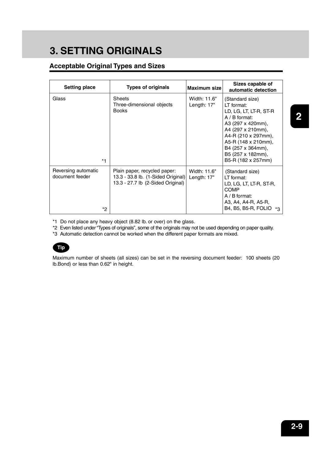 Sharp AR-810, AR-651 operation manual Setting Originals, Acceptable Original Types and Sizes 