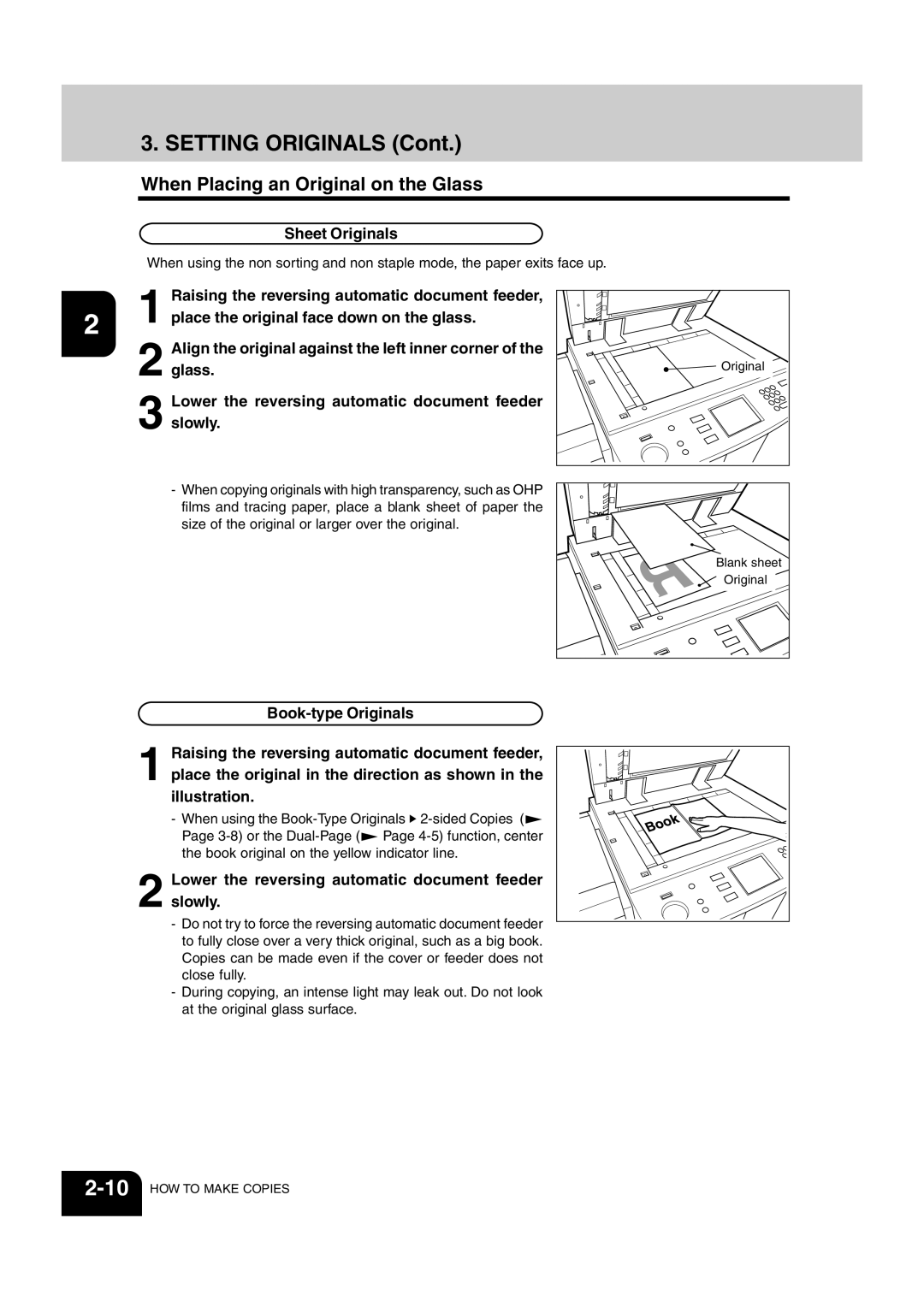 Sharp AR-651, AR-810 operation manual Setting Originals, When Placing an Original on the Glass, Sheet Originals 