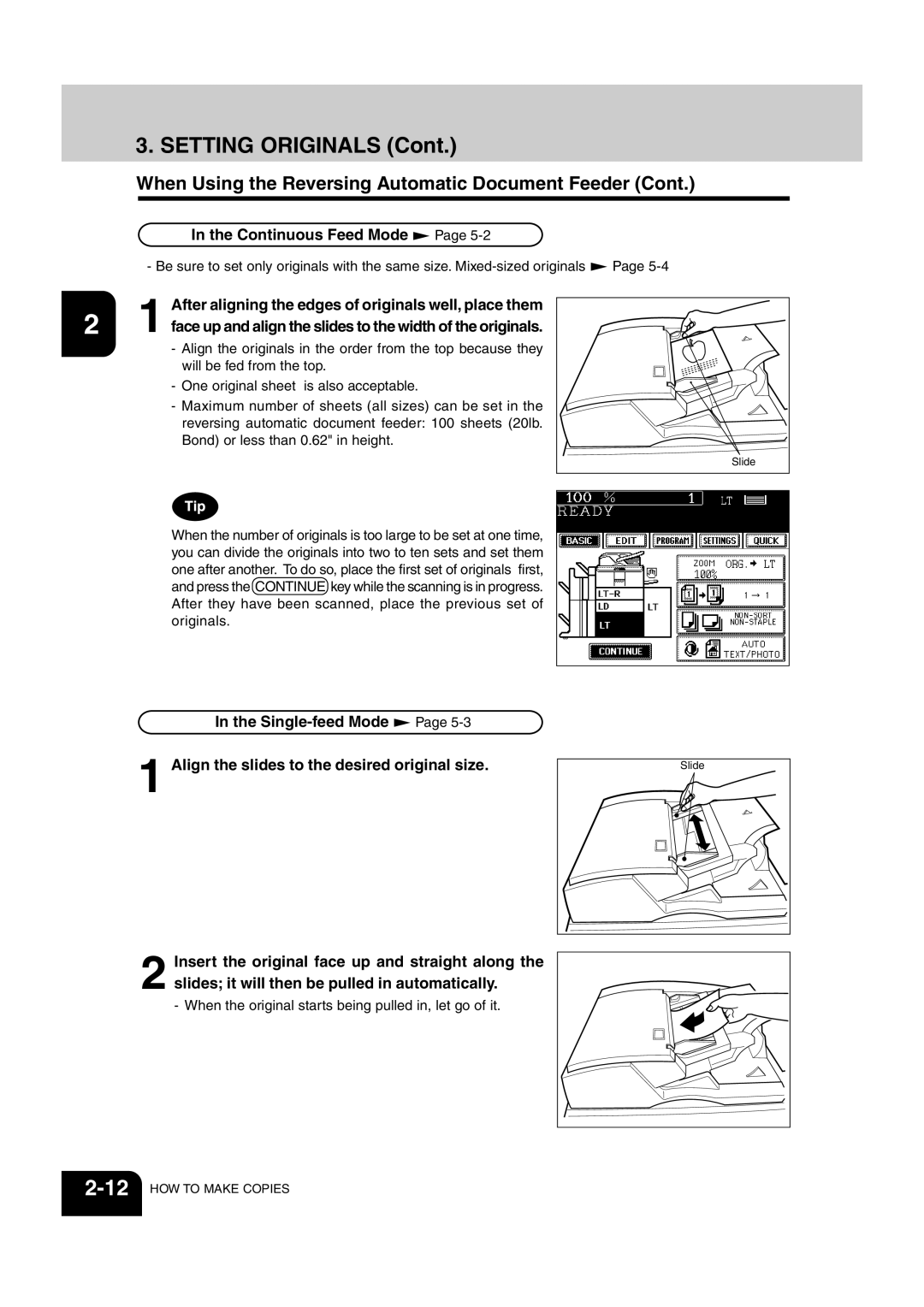 Sharp AR-651, AR-810 operation manual Continuous Feed Mode, After aligning the edges of originals well, place them 