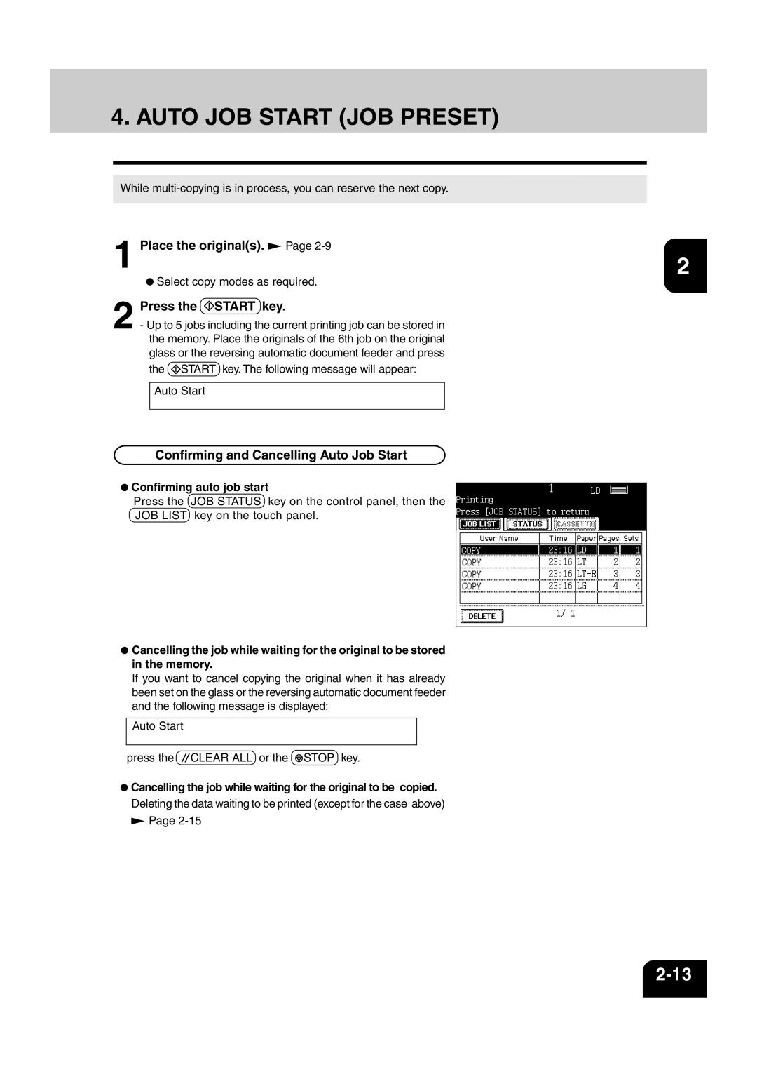 Sharp AR-810, AR-651 Auto JOB Start JOB Preset, Confirming and Cancelling Auto Job Start, Confirming auto job start 