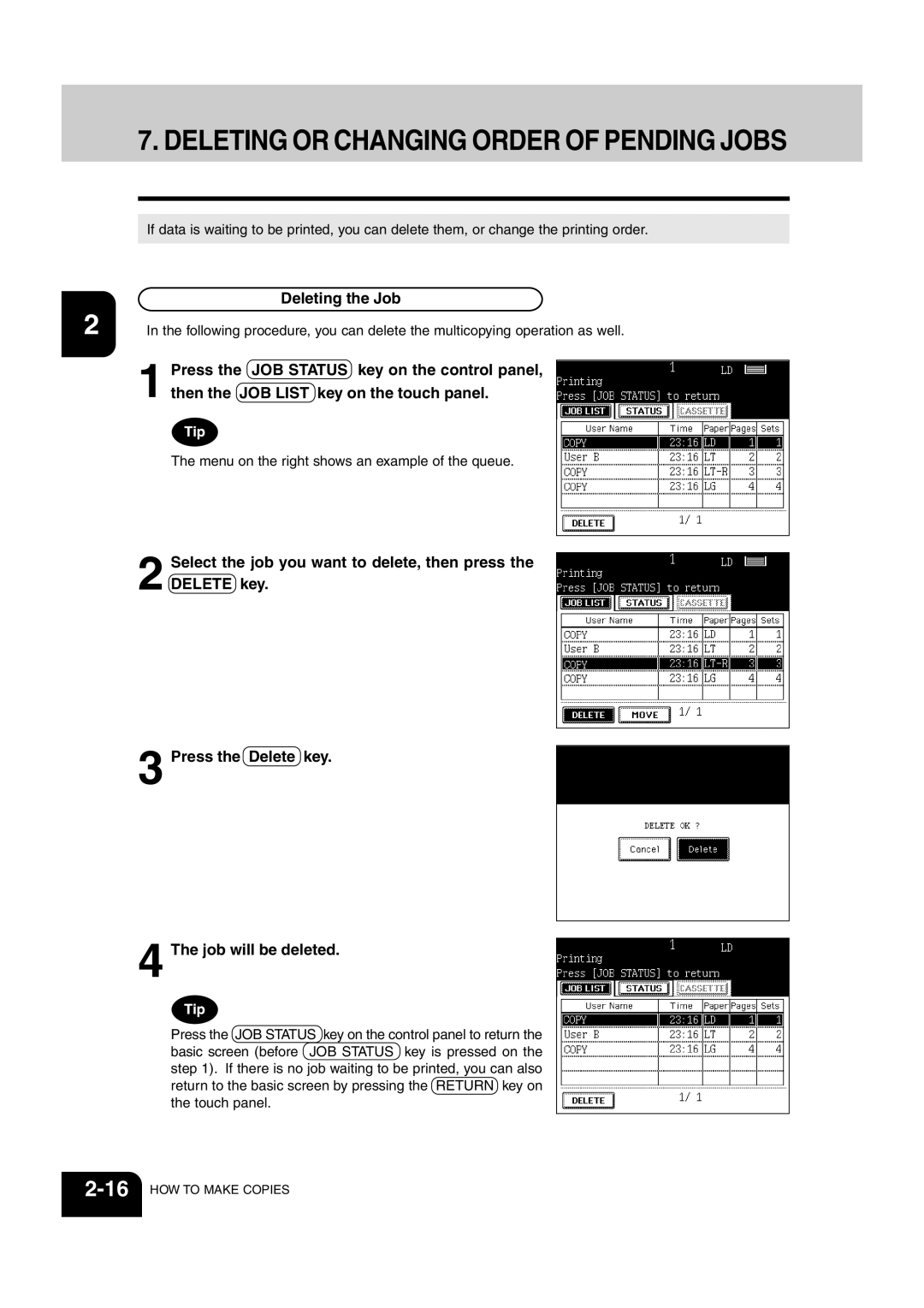 Sharp AR-651, AR-810 operation manual Deleting or Changing Order of Pending Jobs, Deleting the Job 