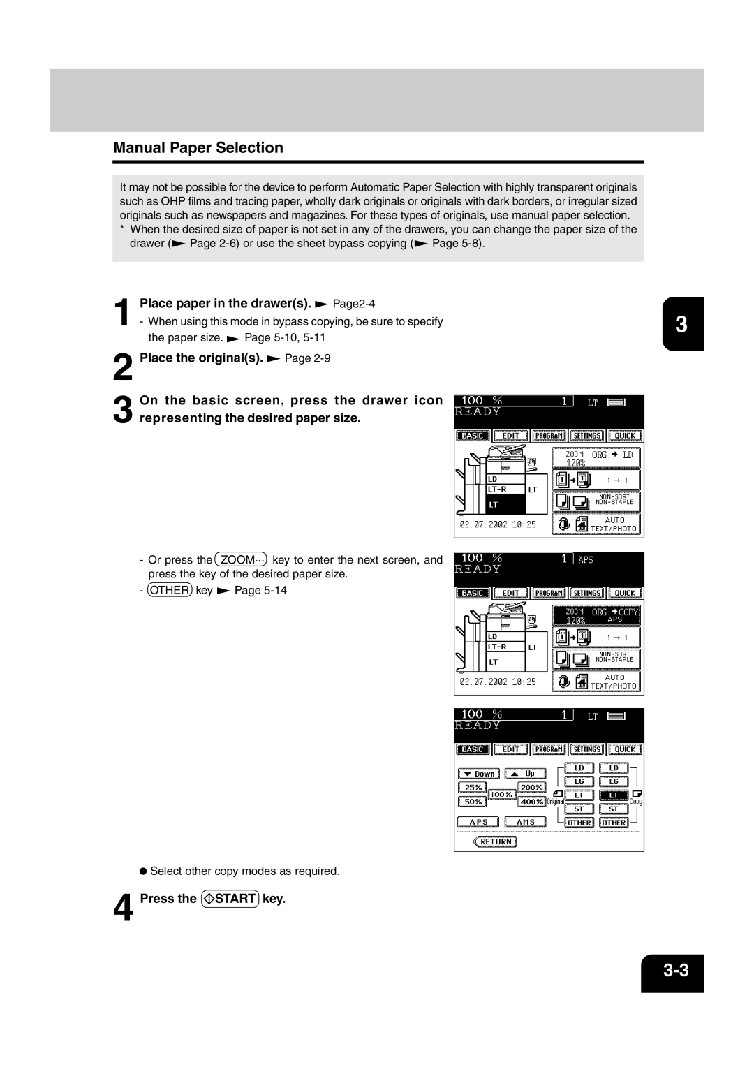 Sharp AR-810, AR-651 operation manual Manual Paper Selection, Place paper in the drawers 