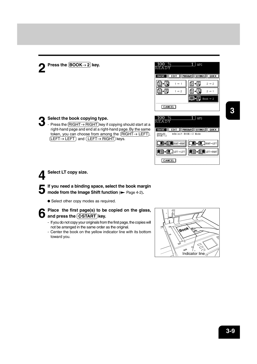 Sharp AR-810, AR-651 operation manual Press the Book 2 key Select the book copying type, Select LT copy size 