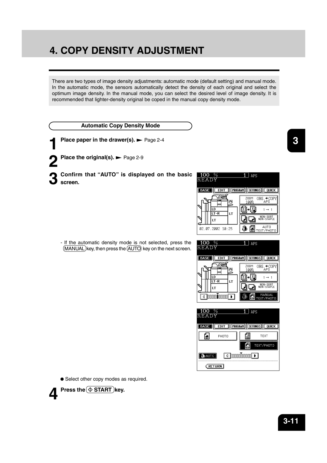 Sharp AR-810, AR-651 operation manual Copy Density Adjustment, Press the Start key 