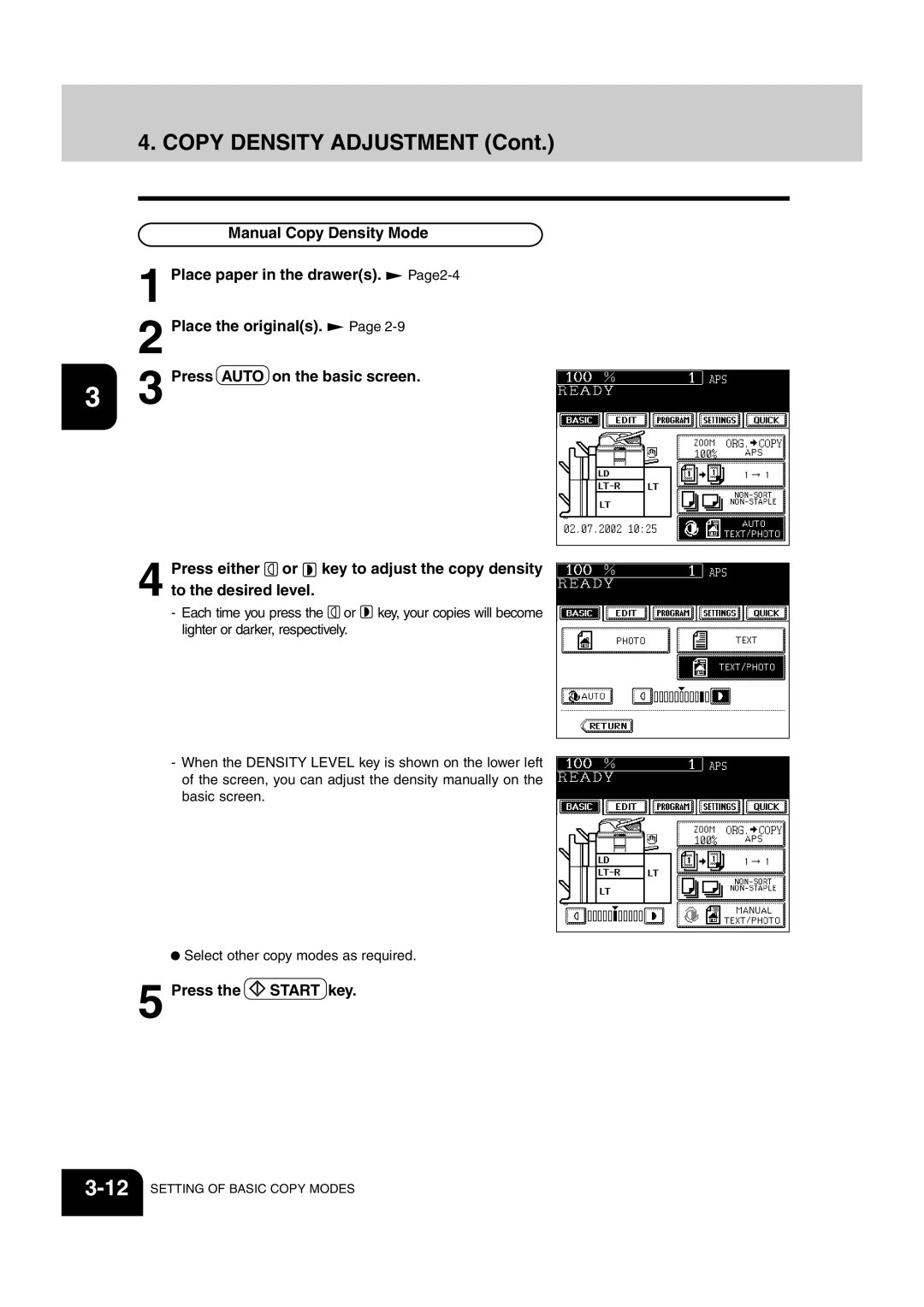 Sharp AR-651, AR-810 operation manual Copy Density Adjustment, Manual Copy Density Mode, Place paper in the drawers. Page2-4 