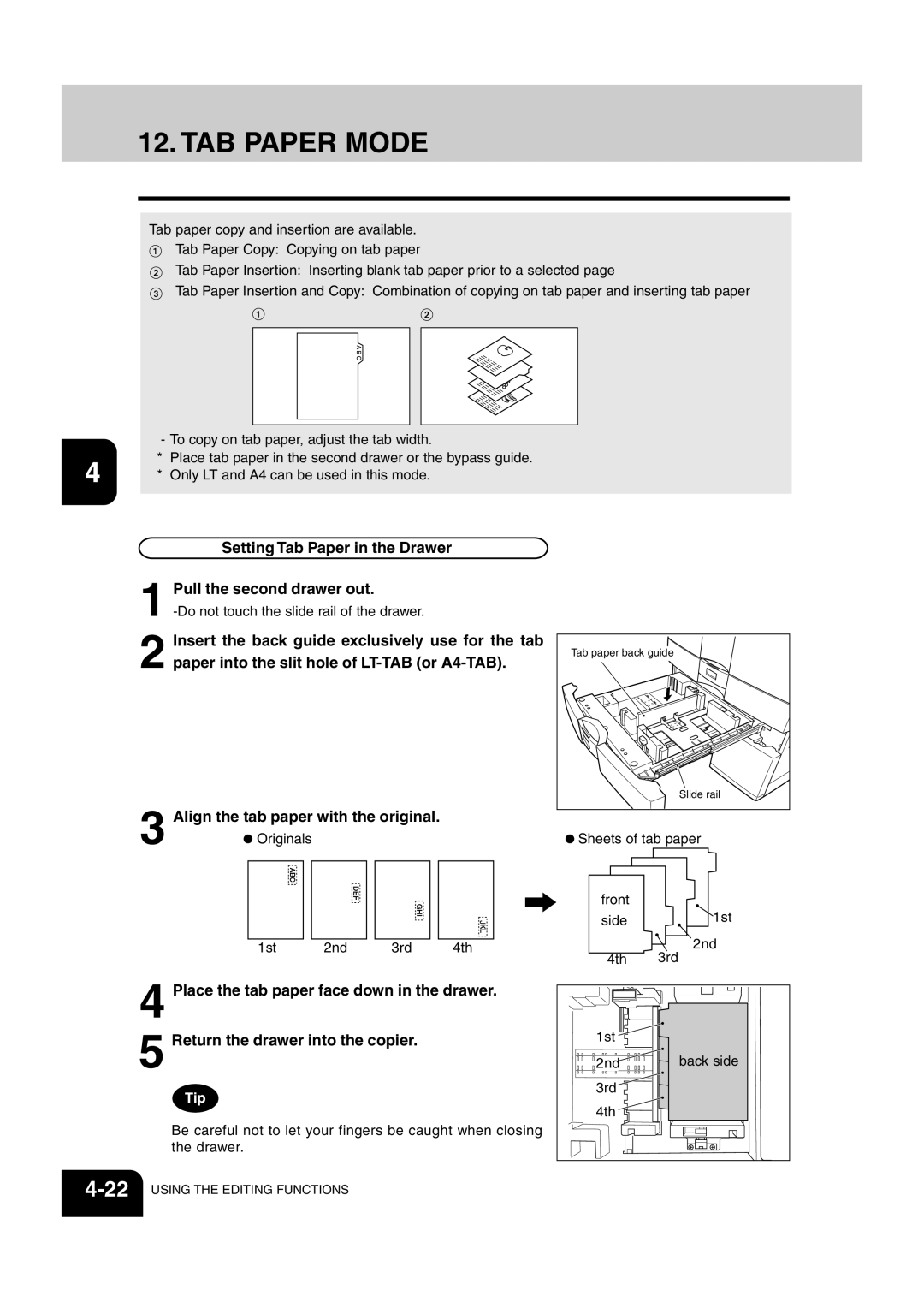 Sharp AR-651, AR-810 operation manual TAB Paper Mode, Setting Tab Paper in the Drawer 