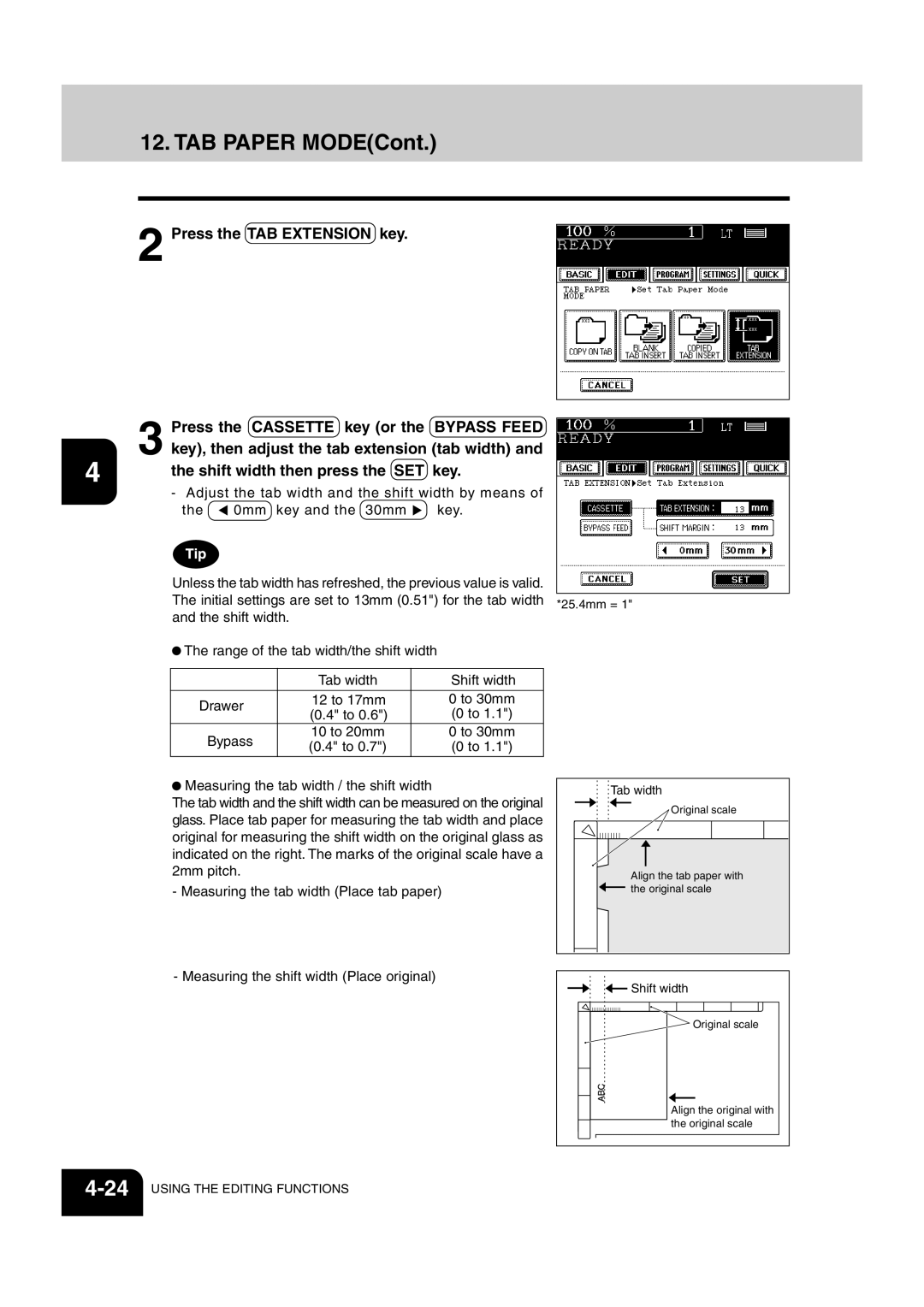 Sharp AR-651 TAB Paper MODECont, Press the TAB Extension key Press the Cassette key or, Shift width then press the SET 