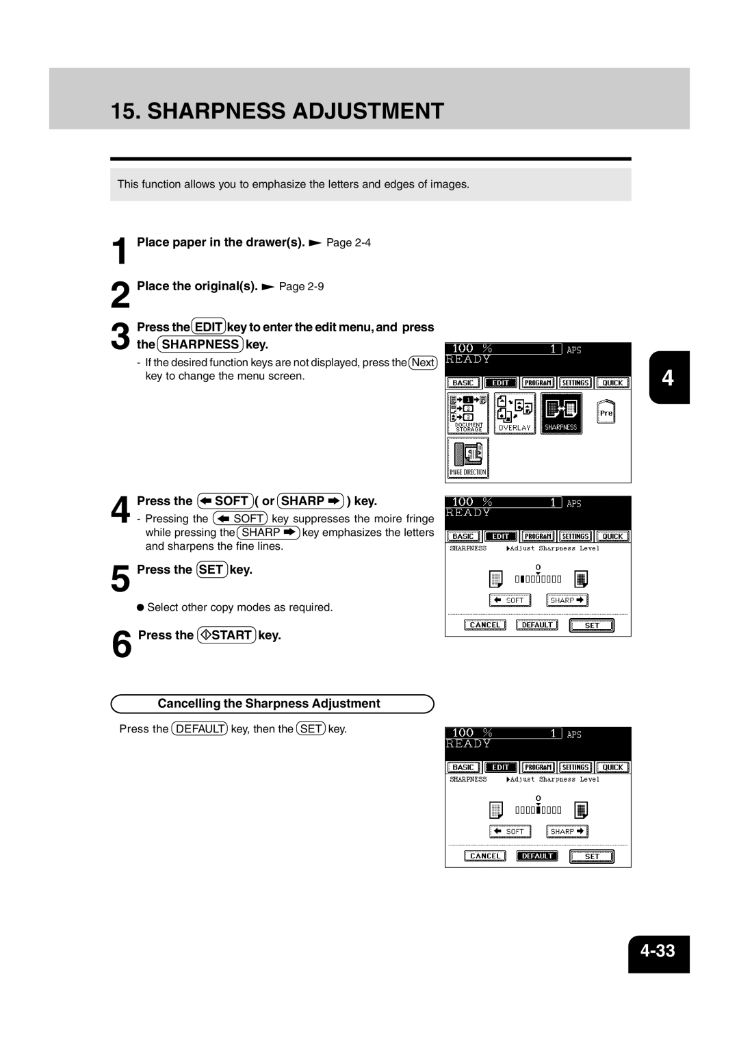 Sharp AR-810, AR-651 operation manual Press Soft or Sharp key, Press the Start key Cancelling the Sharpness Adjustment 