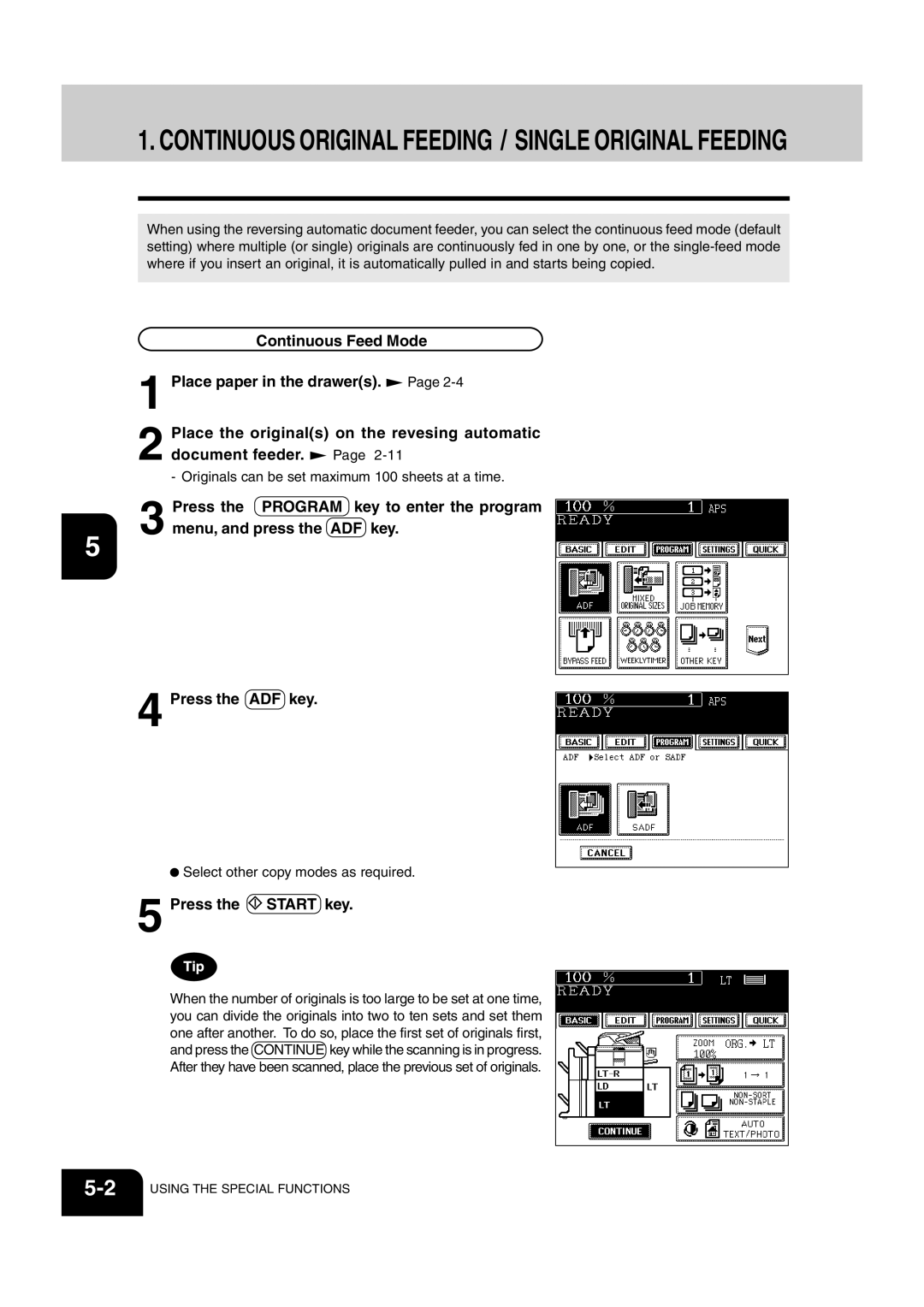 Sharp AR-651, AR-810 operation manual Continuous Original Feeding / Single Original Feeding 