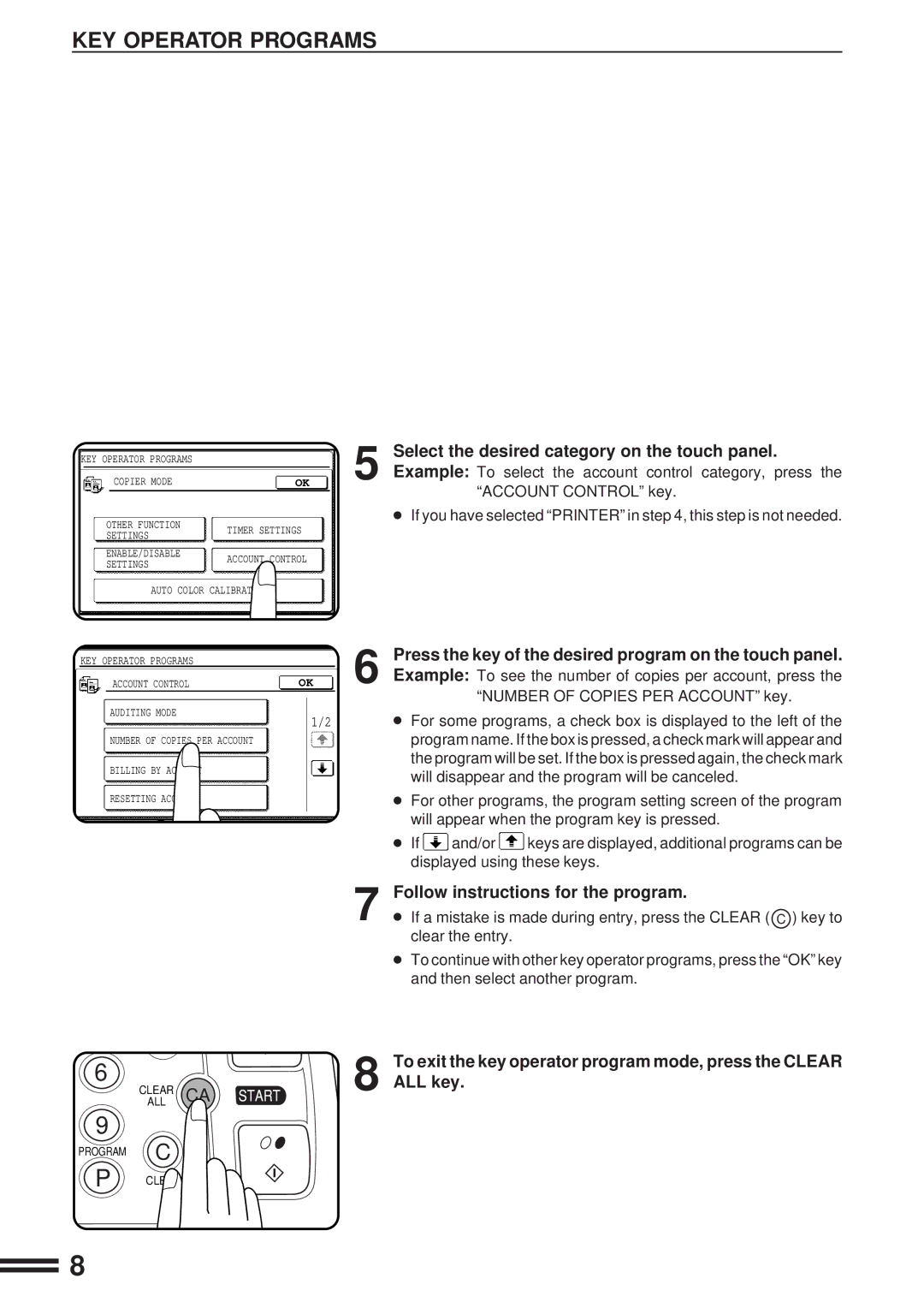 Sharp AR-C160 Select the desired category on the touch panel, Press the key of the desired program on the touch panel 